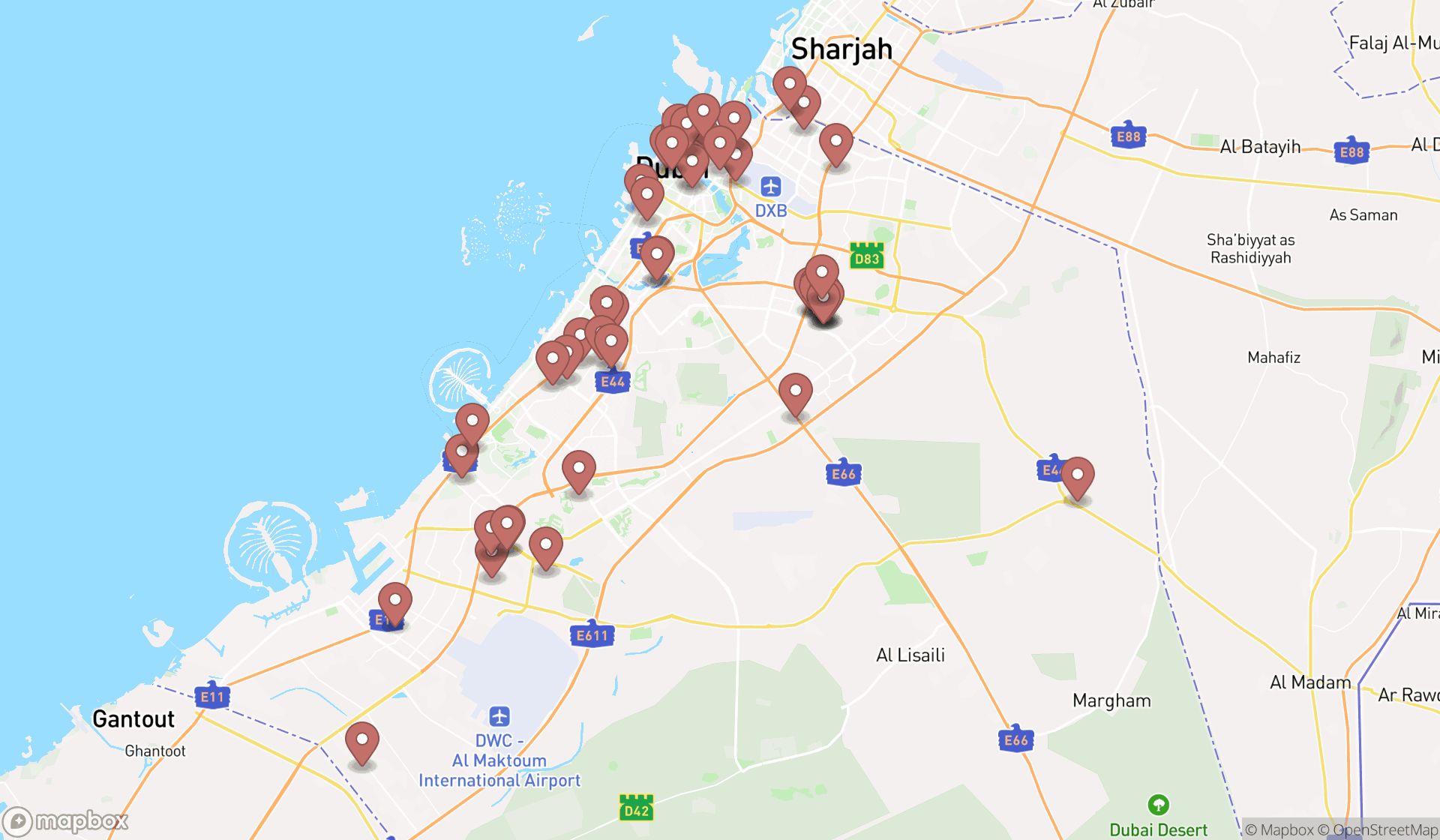 Map showing the search results in Dubai