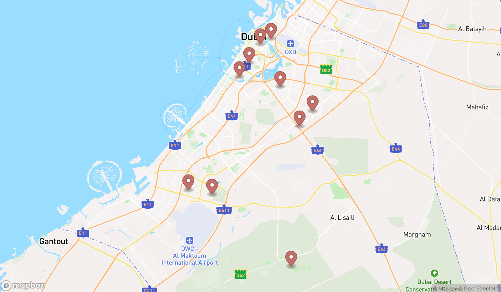 Map showing the search results in Dubai