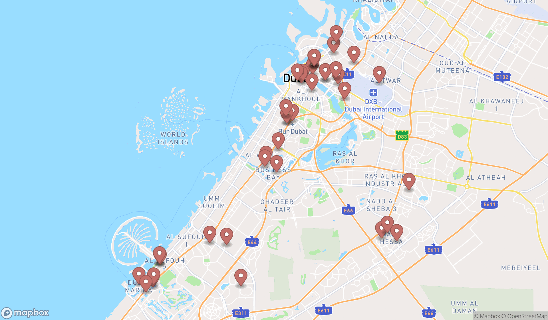 Map showing the search results in Dubai