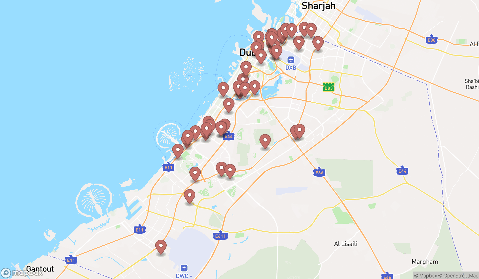 Map showing the search results in Dubai