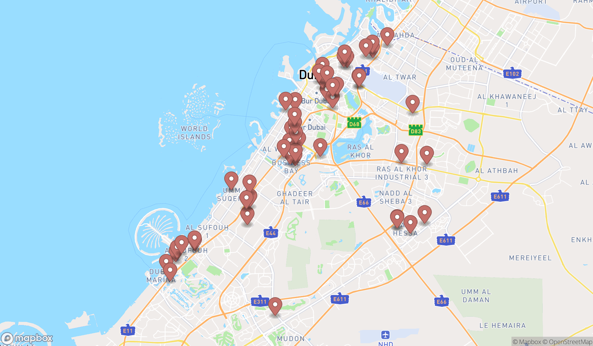 Map showing the search results in Dubai