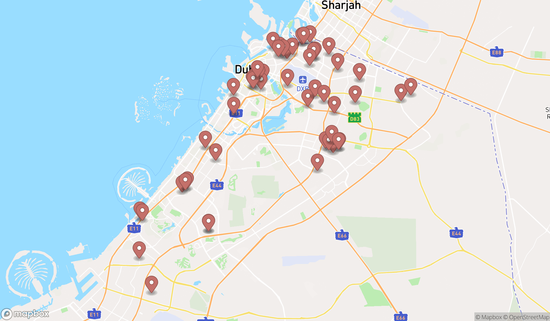 Map showing the search results in Dubai