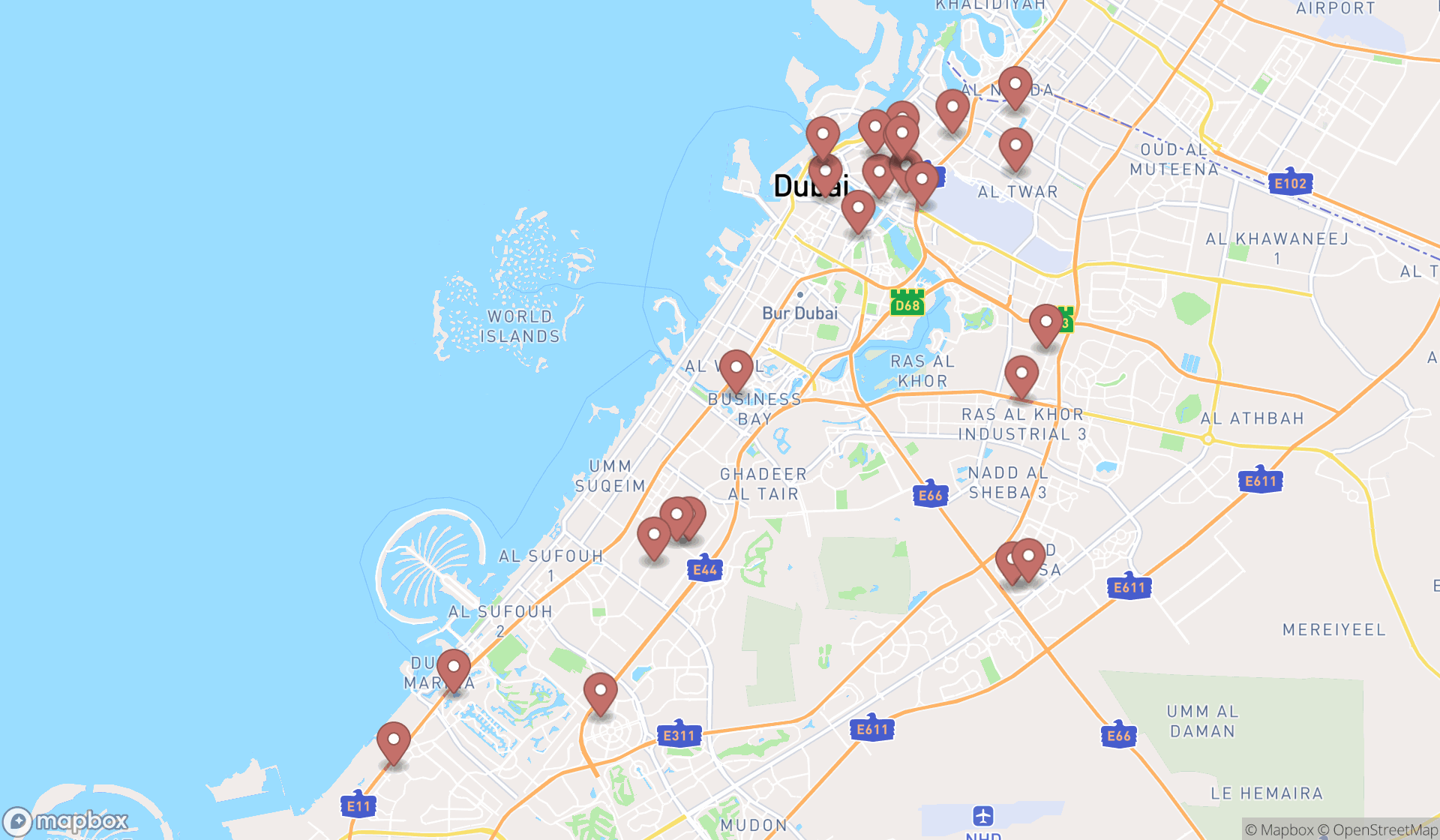 Map showing the search results in Dubai