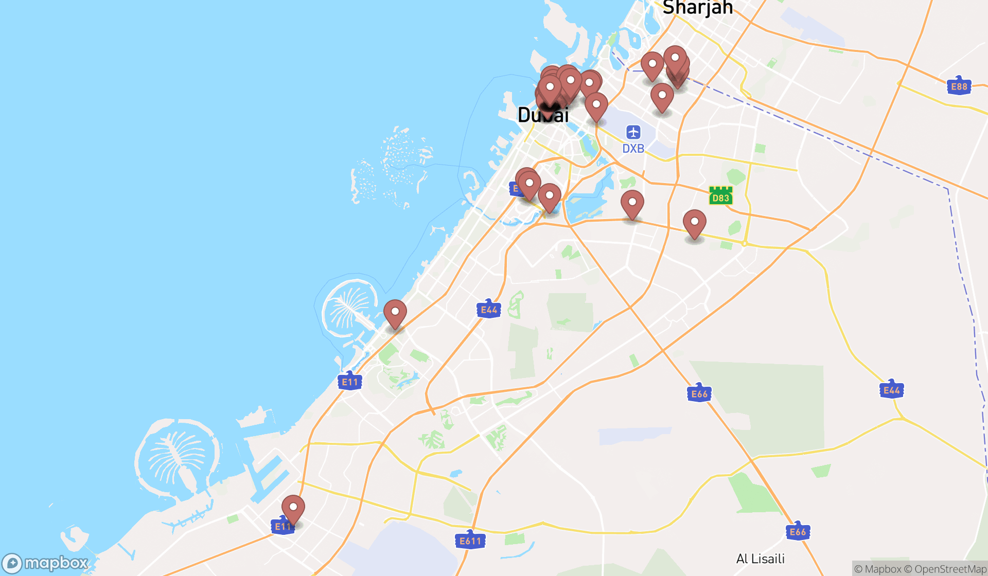 Map showing the search results in Dubai