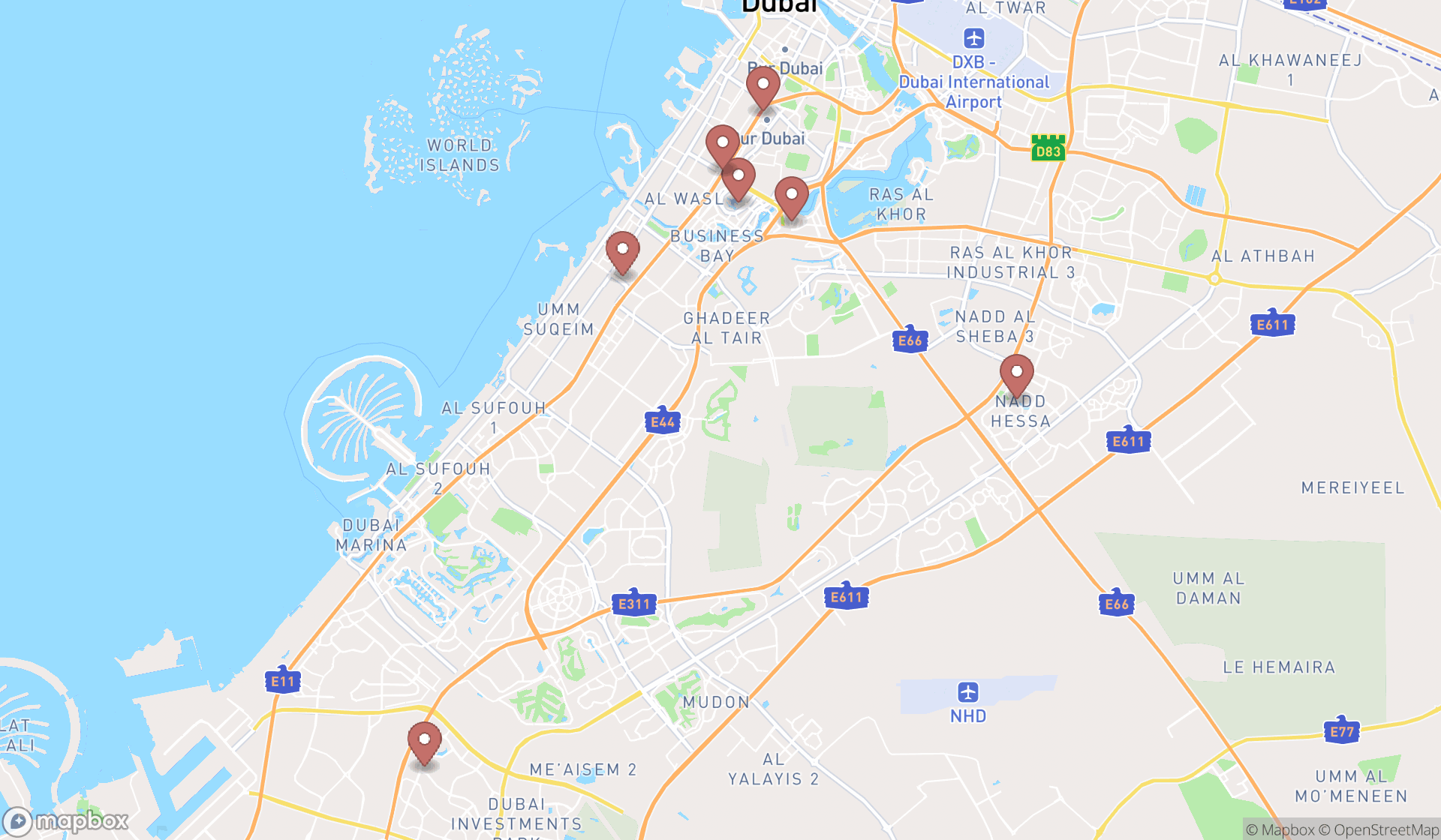 Map showing the search results in Dubai