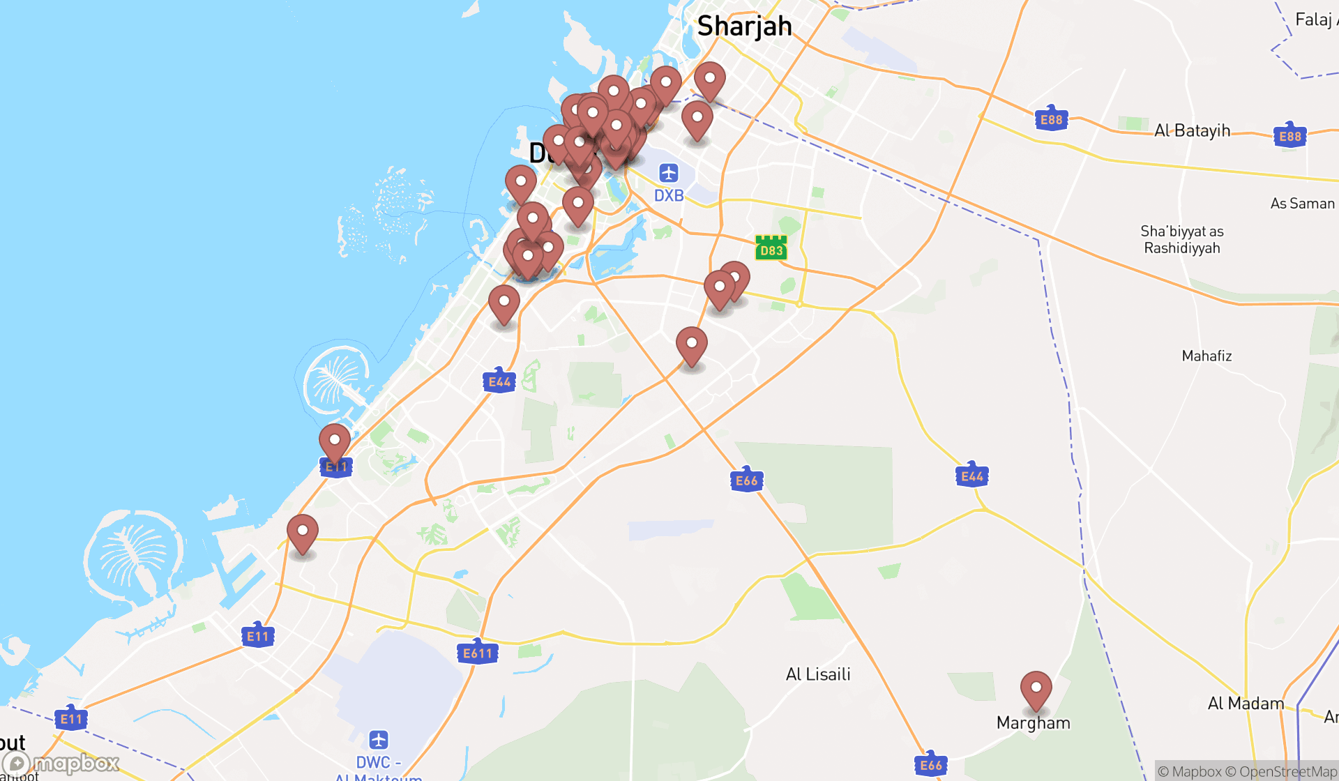 Map showing the search results in Dubai