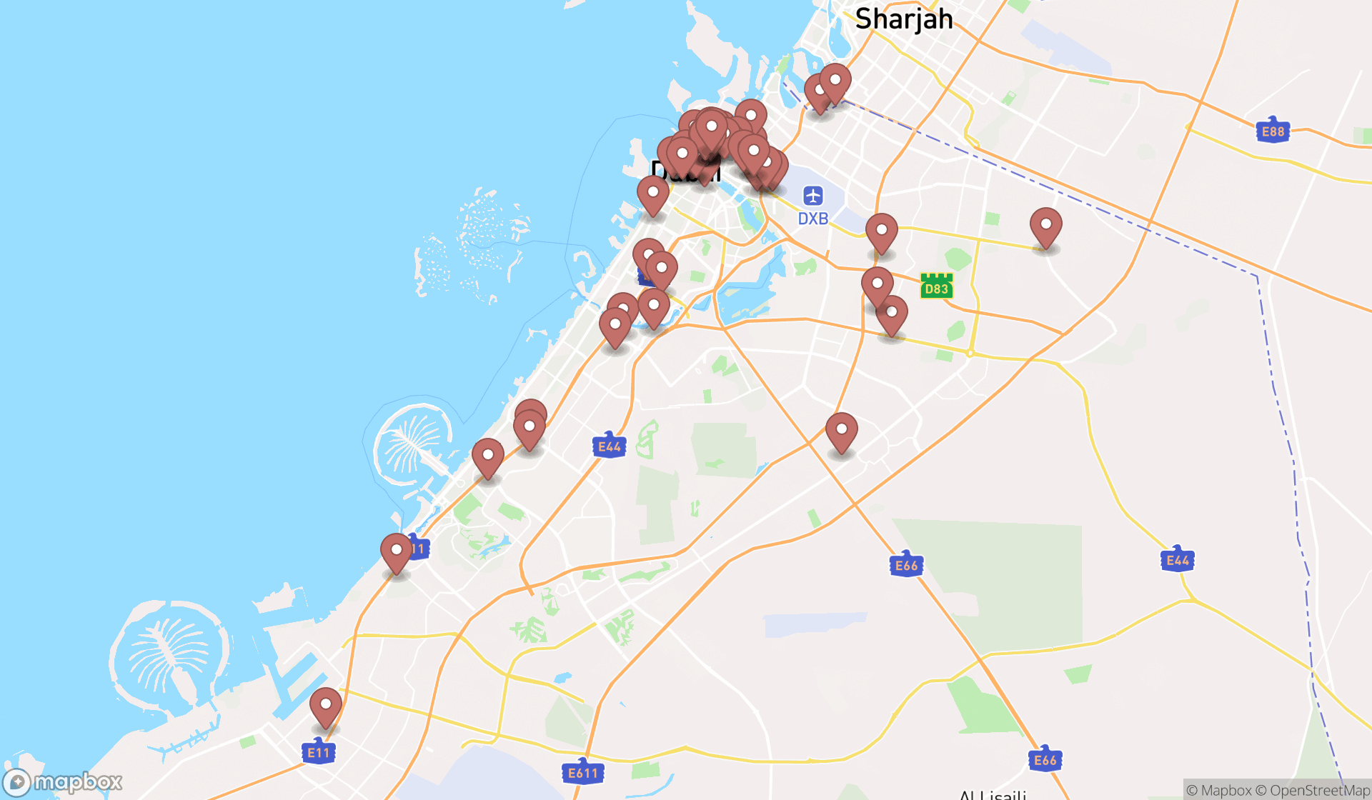 Map showing the search results in Dubai