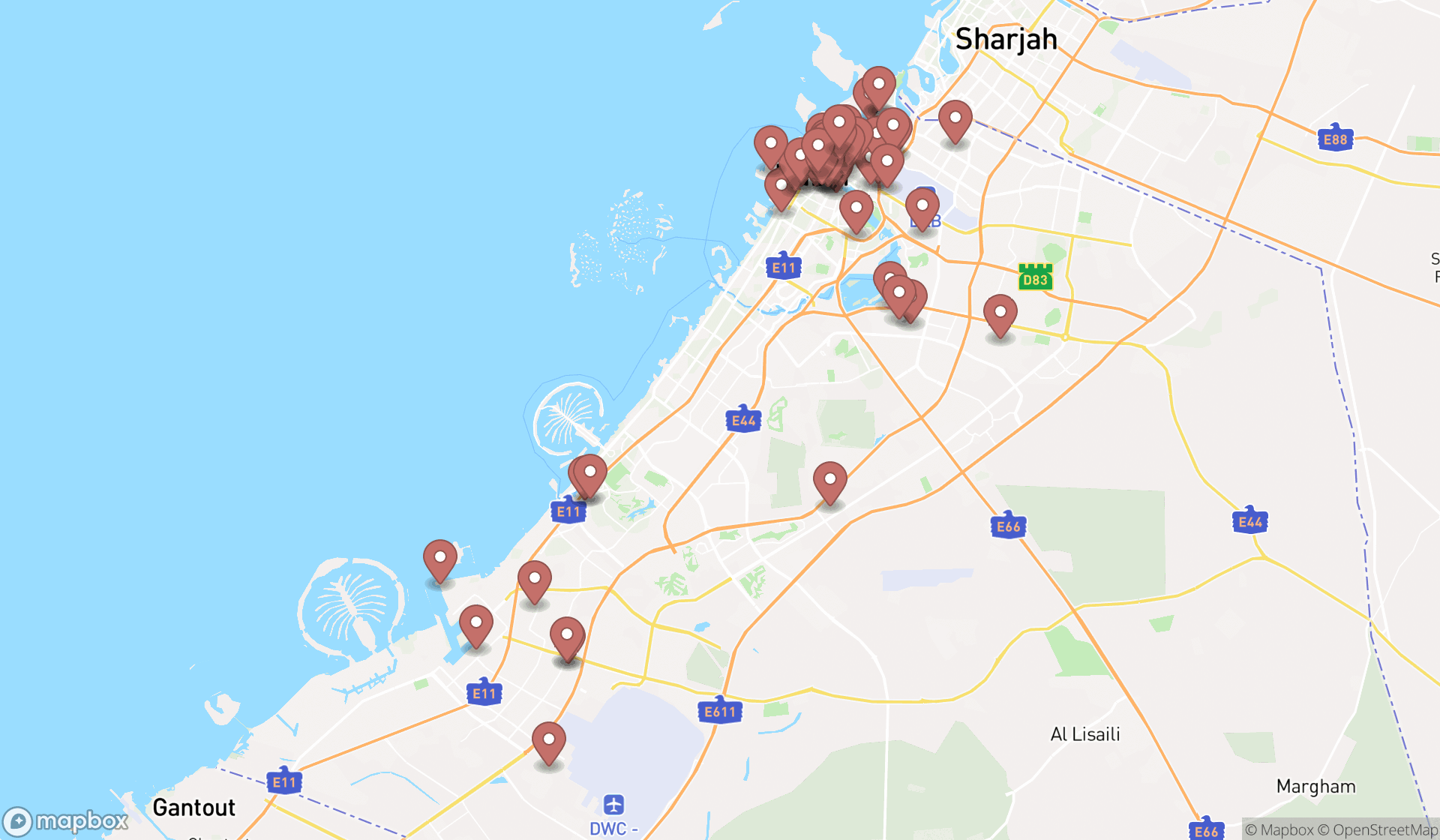 Map showing the search results in Dubai