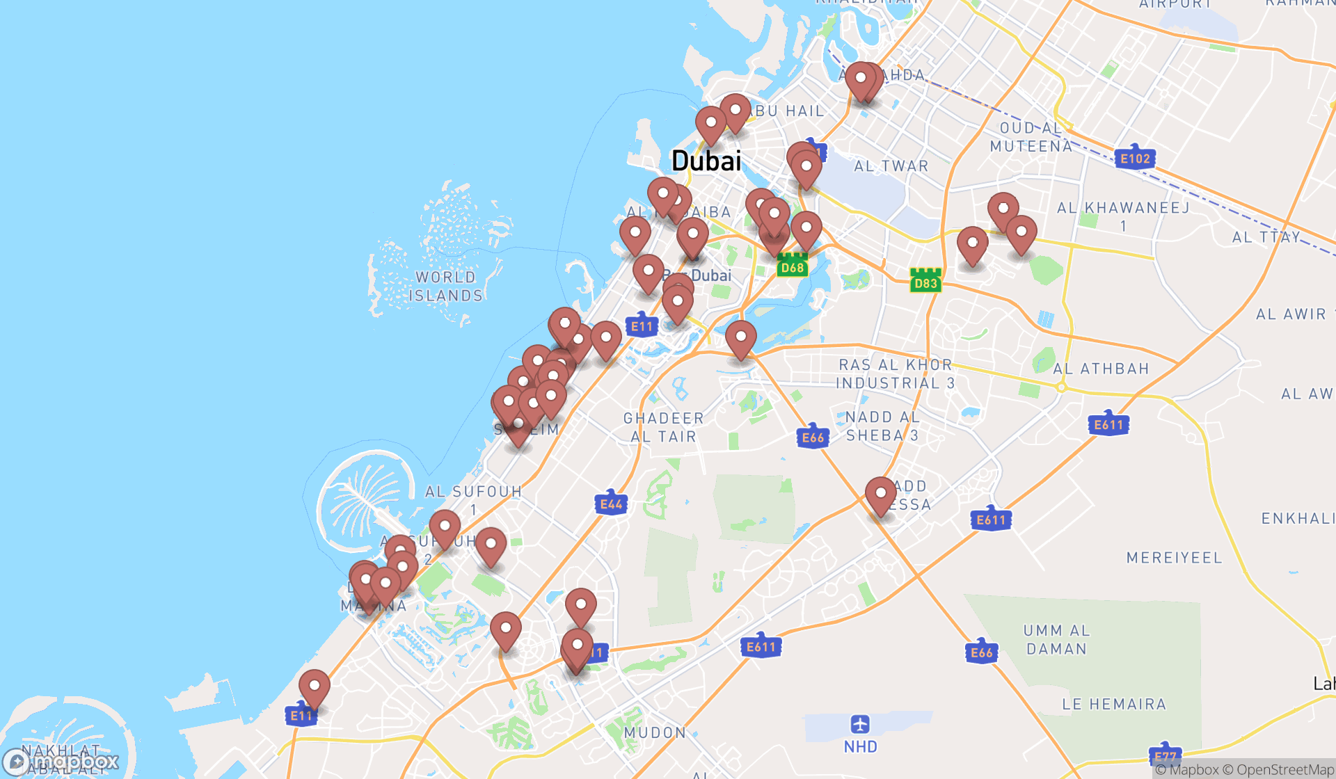 Map showing the search results in Dubai