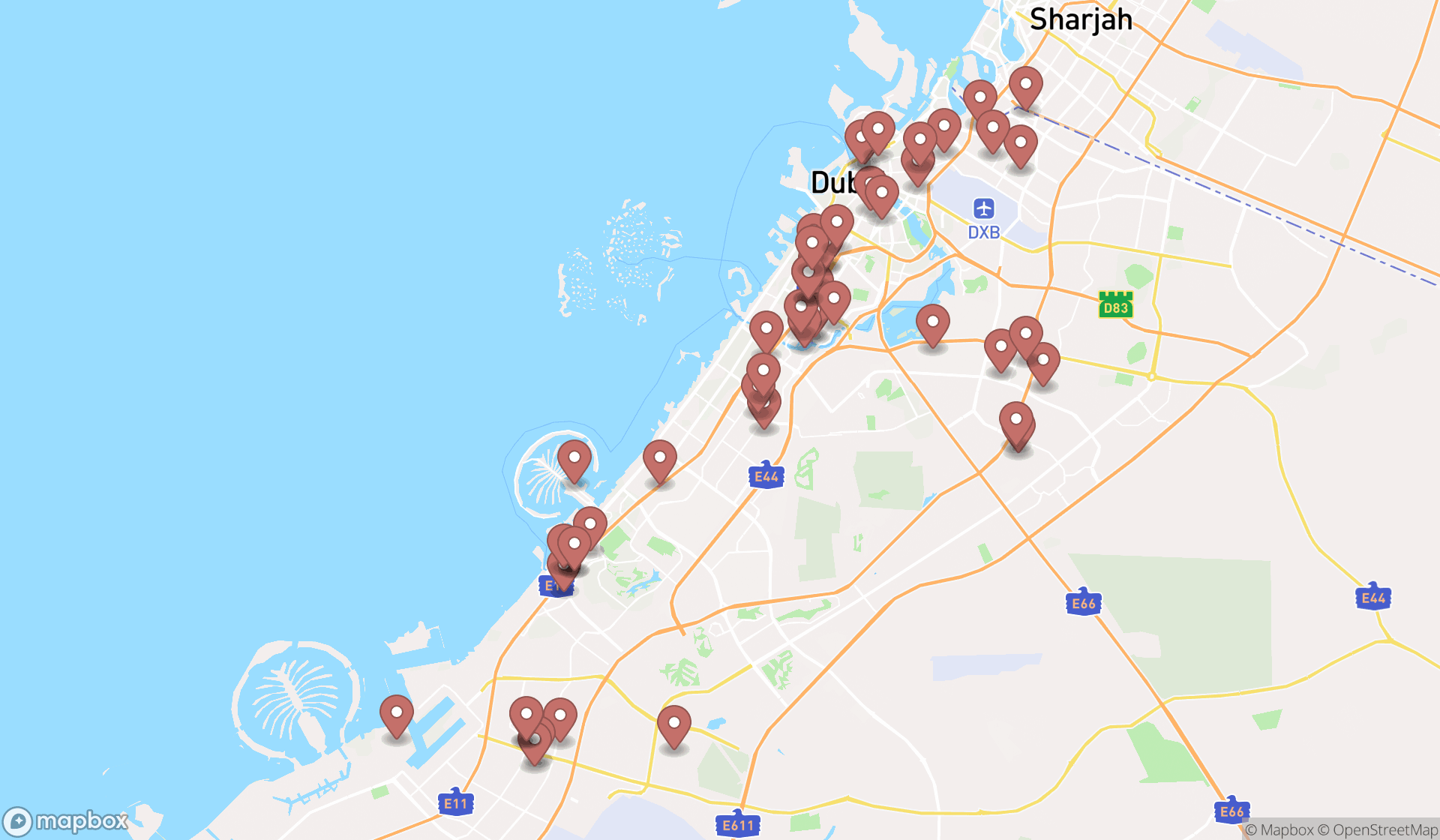 Map showing the search results in Dubai