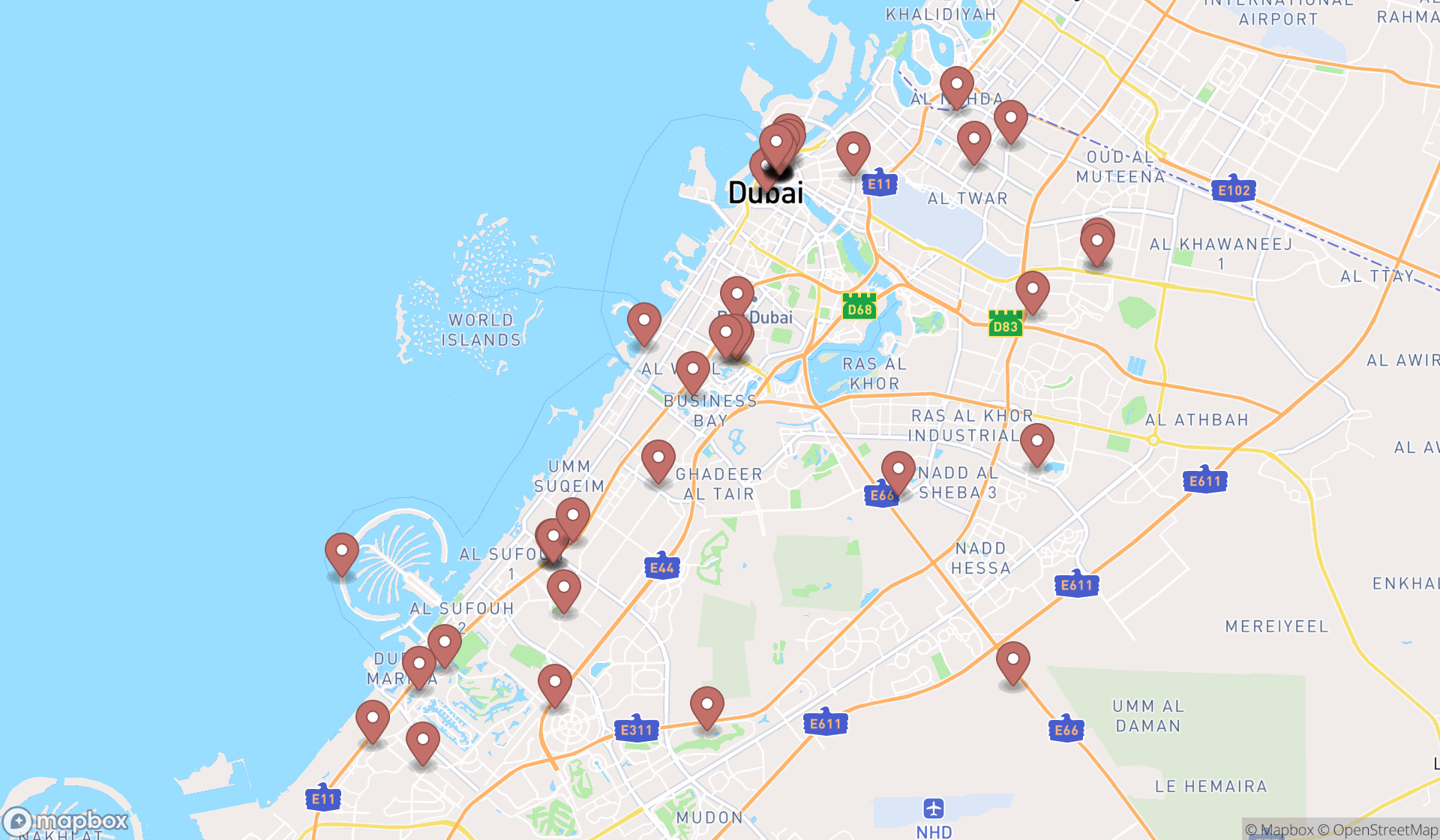 Map showing the search results in Dubai
