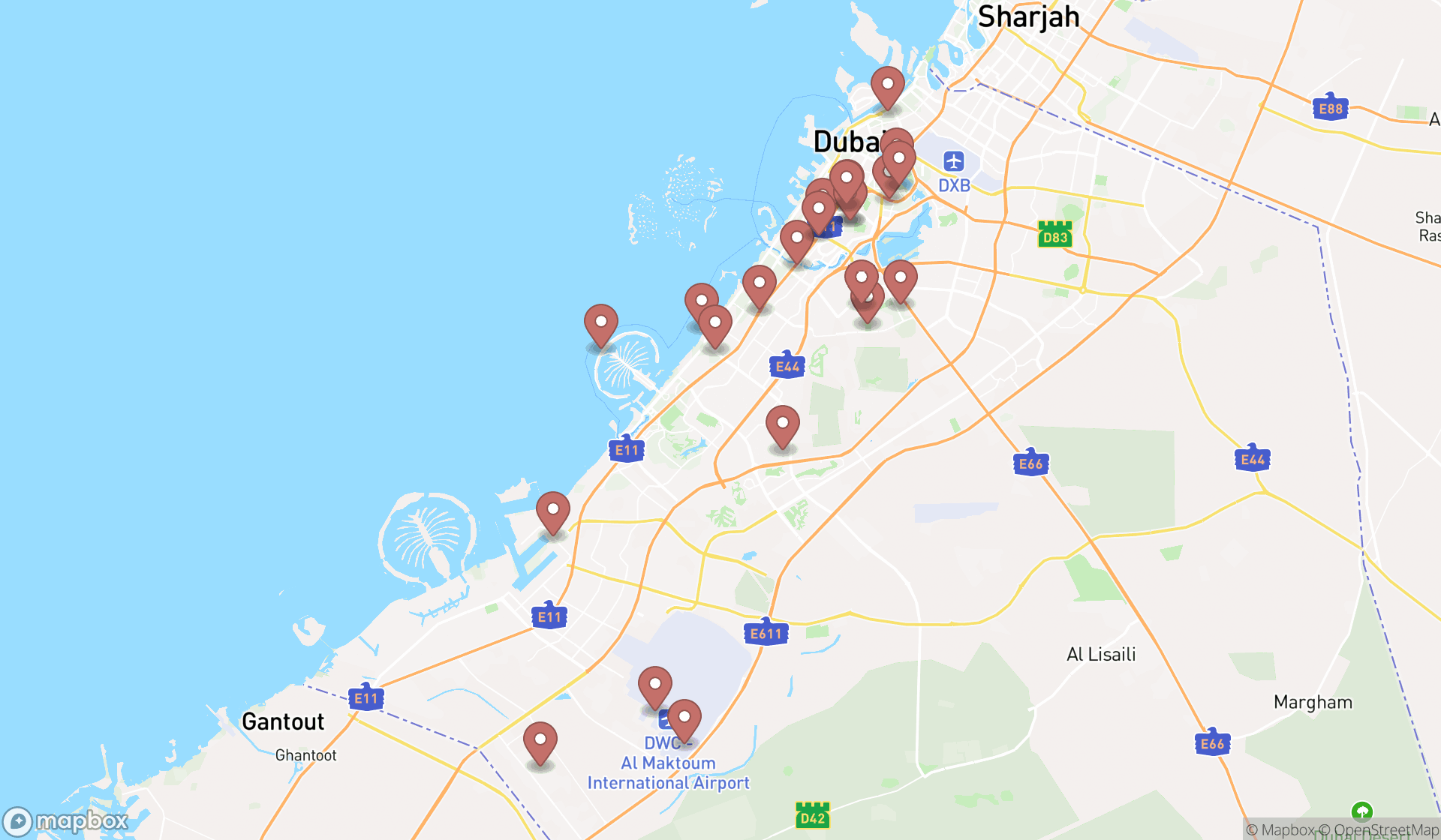 Map showing the search results in Dubai