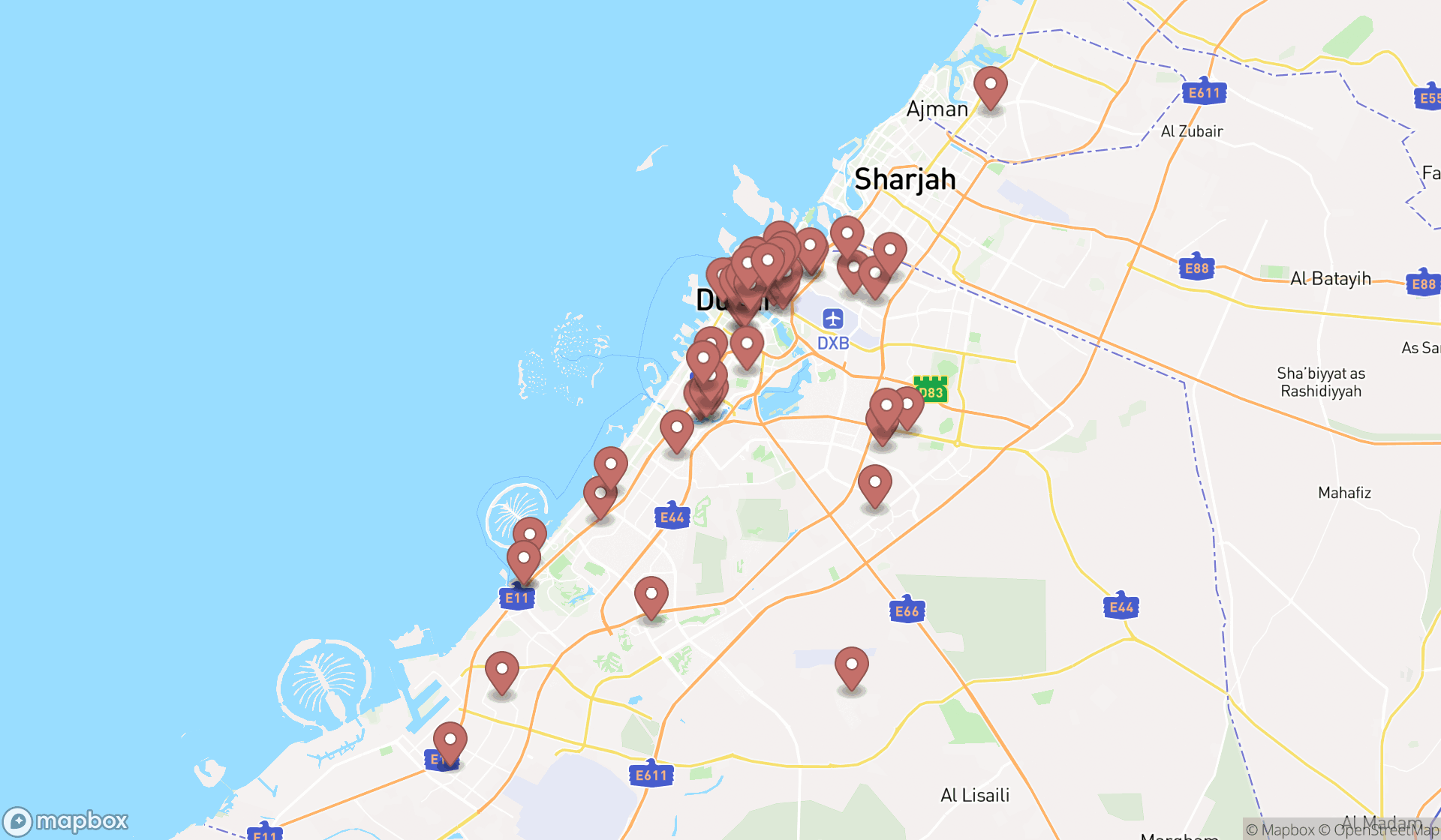 Map showing the search results in Dubai