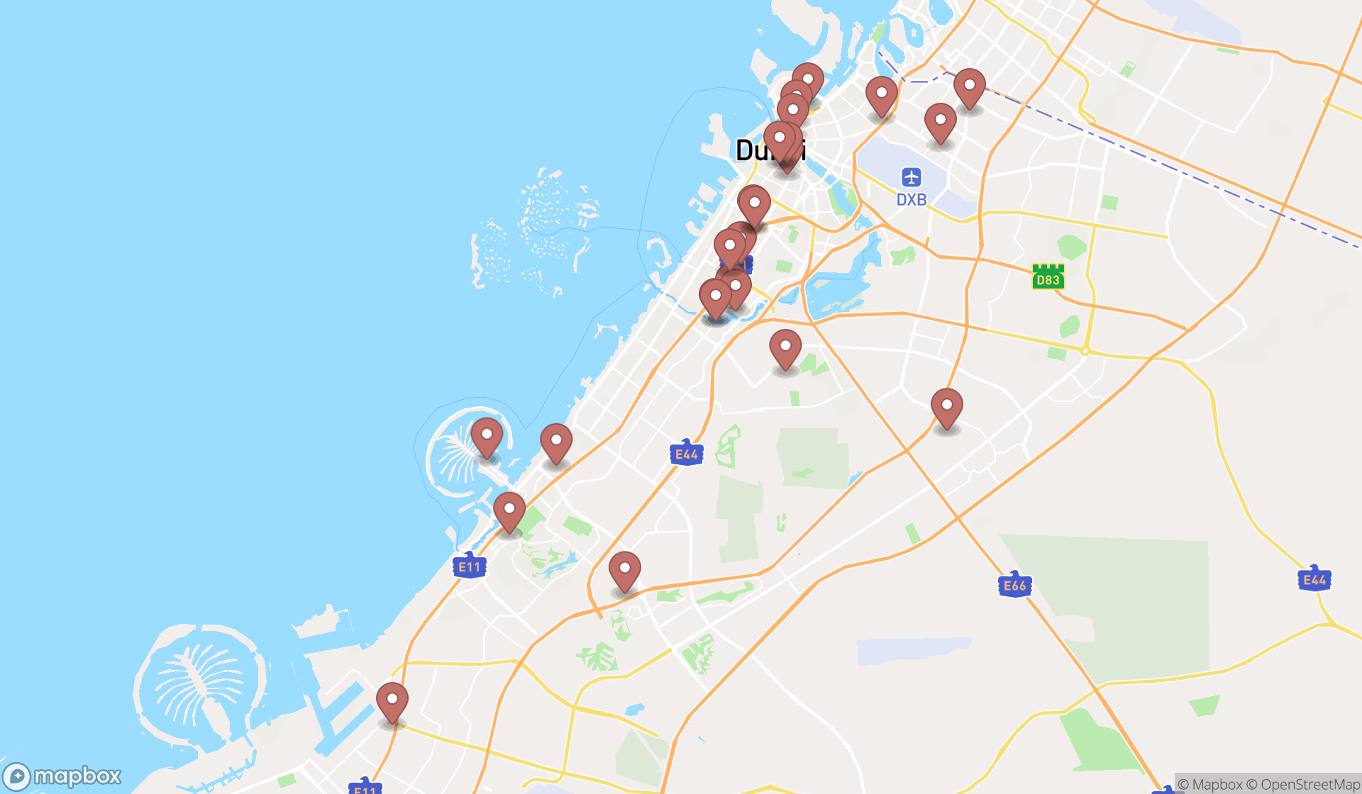 Map showing the search results in Dubai