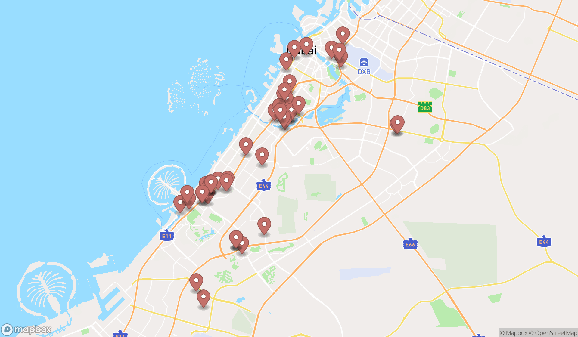 Map showing the search results in Dubai