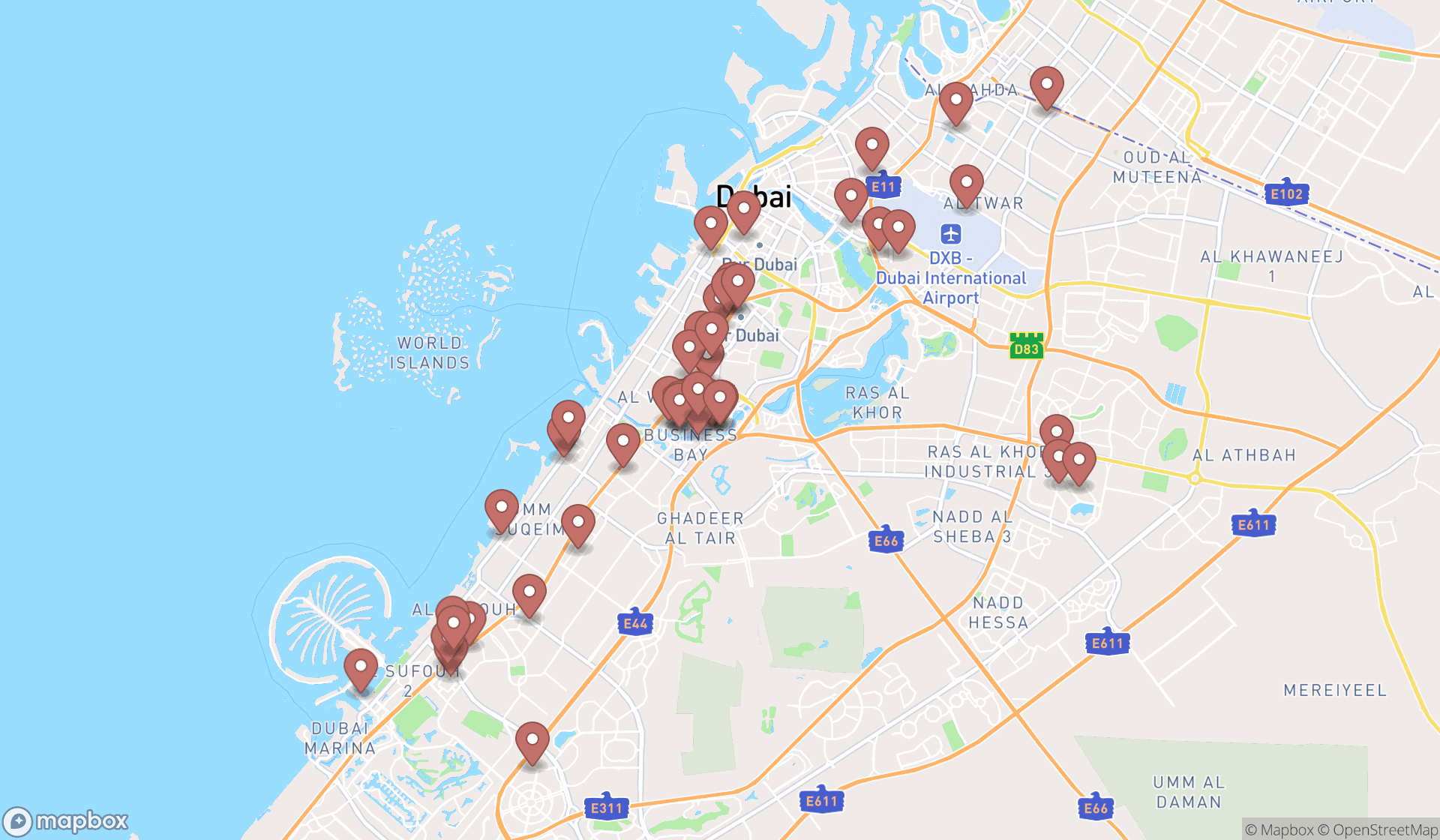 Map showing the search results in Dubai
