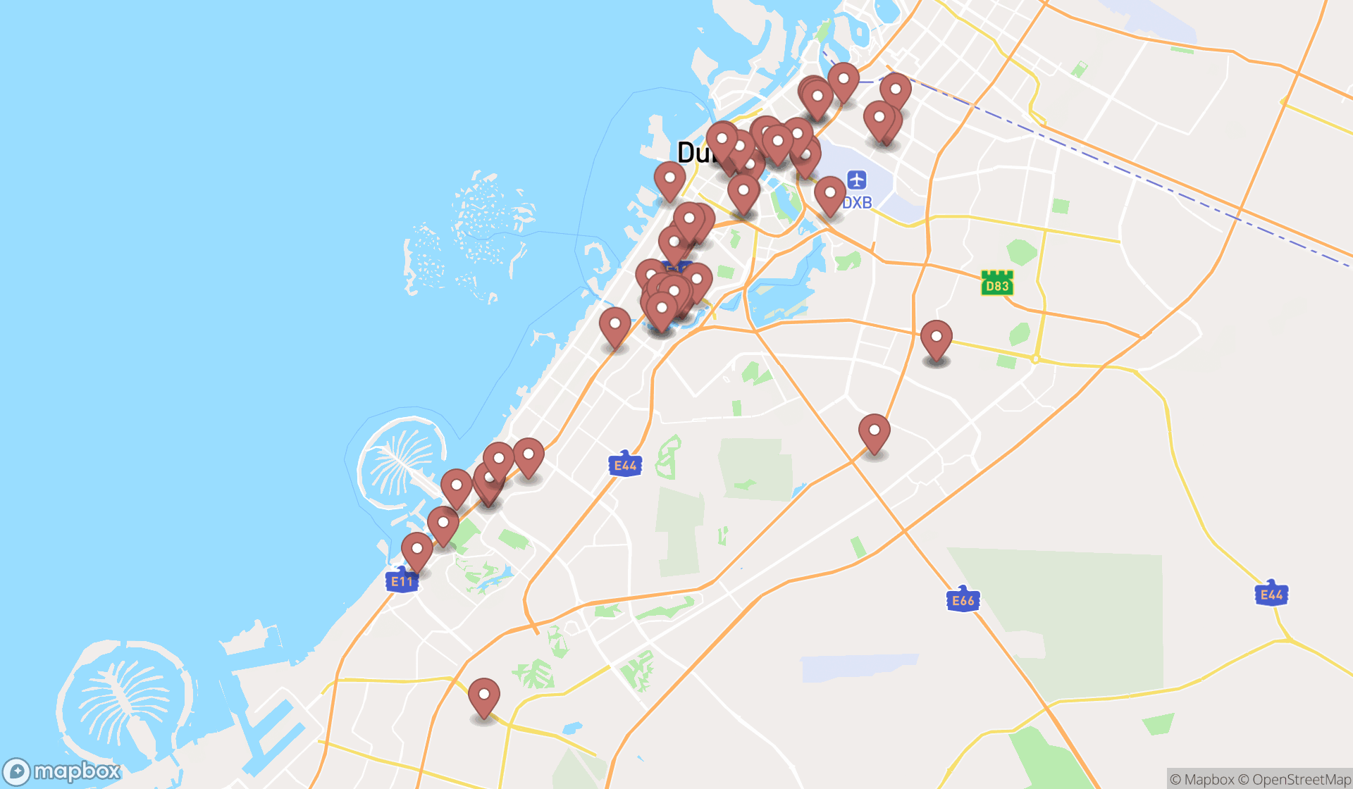 Map showing the search results in Dubai