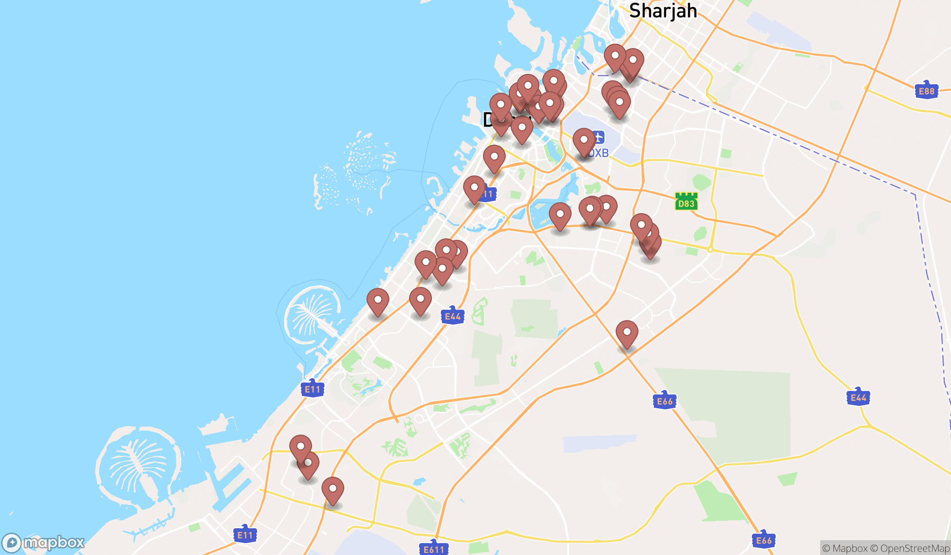 Map showing the search results in Dubai