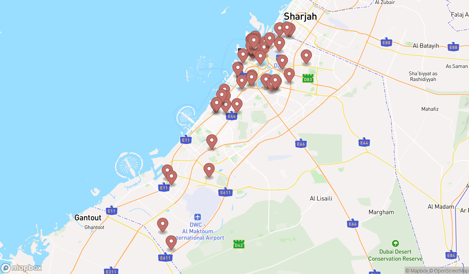 Map showing the search results in Dubai