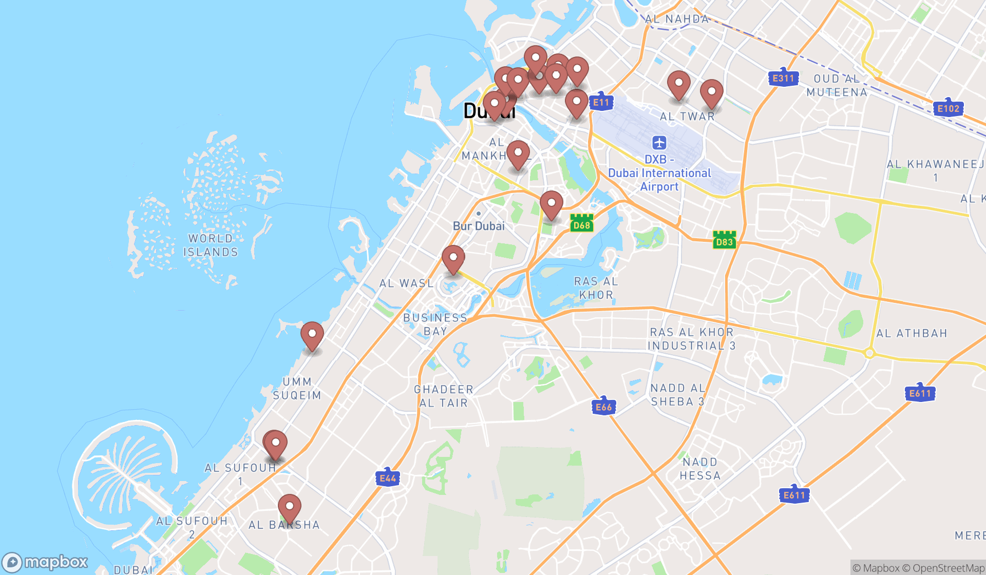 Map showing the search results in Dubai