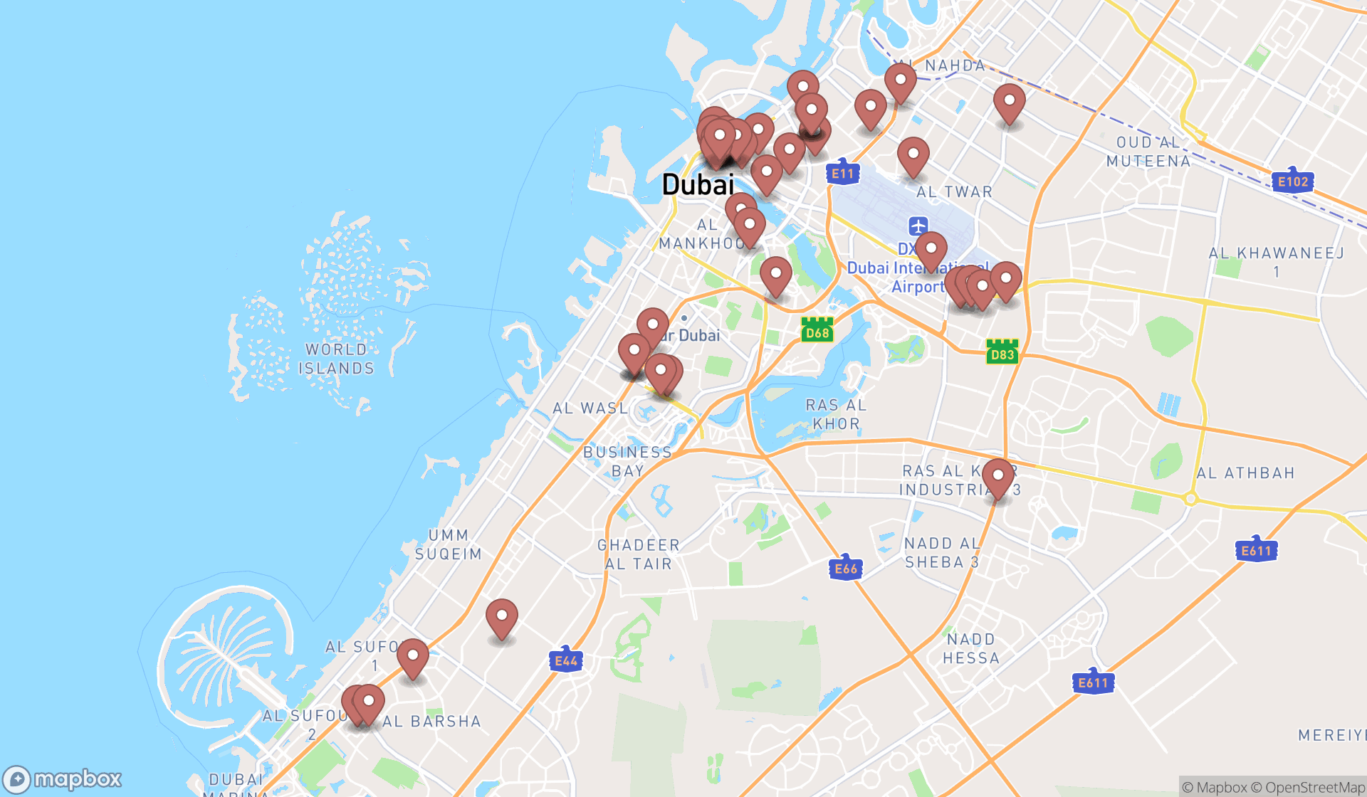 Map showing the search results in Dubai