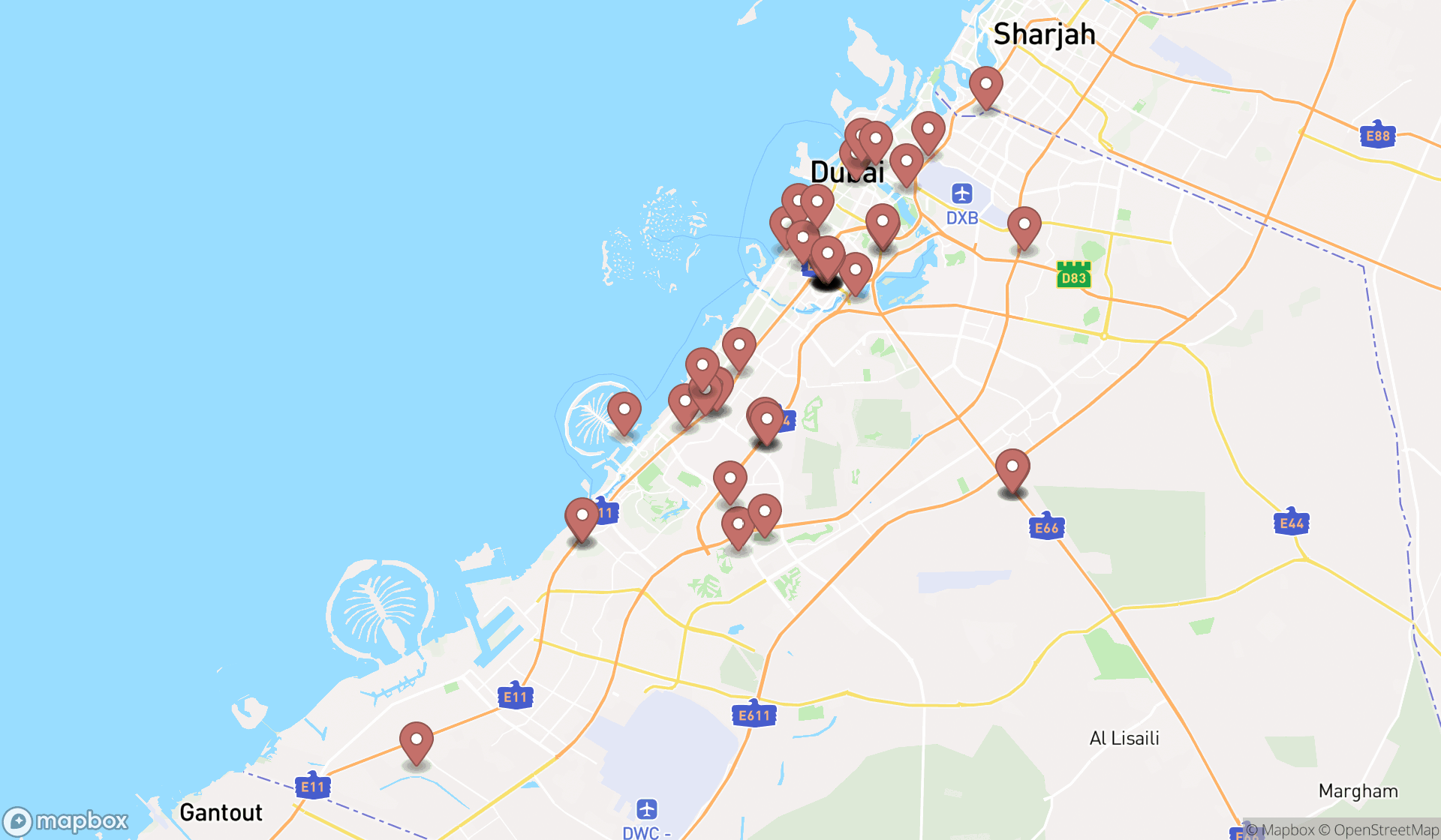 Map showing the search results in Dubai