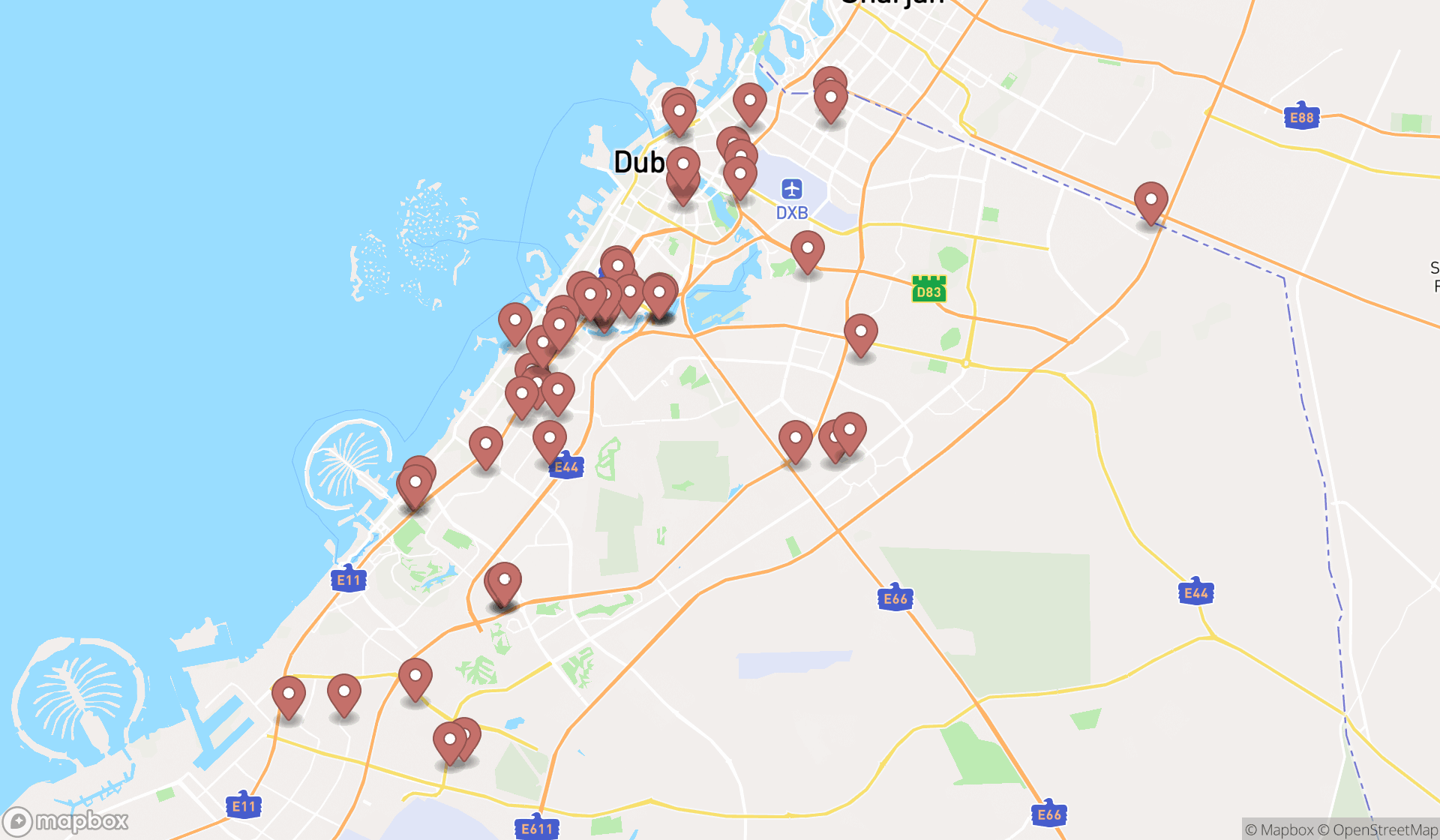 Map showing the search results in Dubai