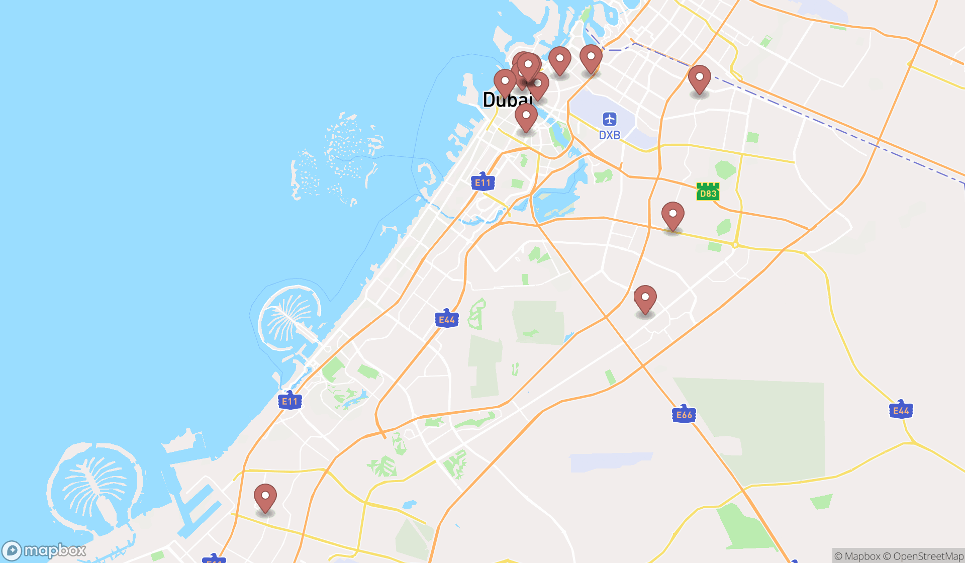 Map showing the search results in Dubai