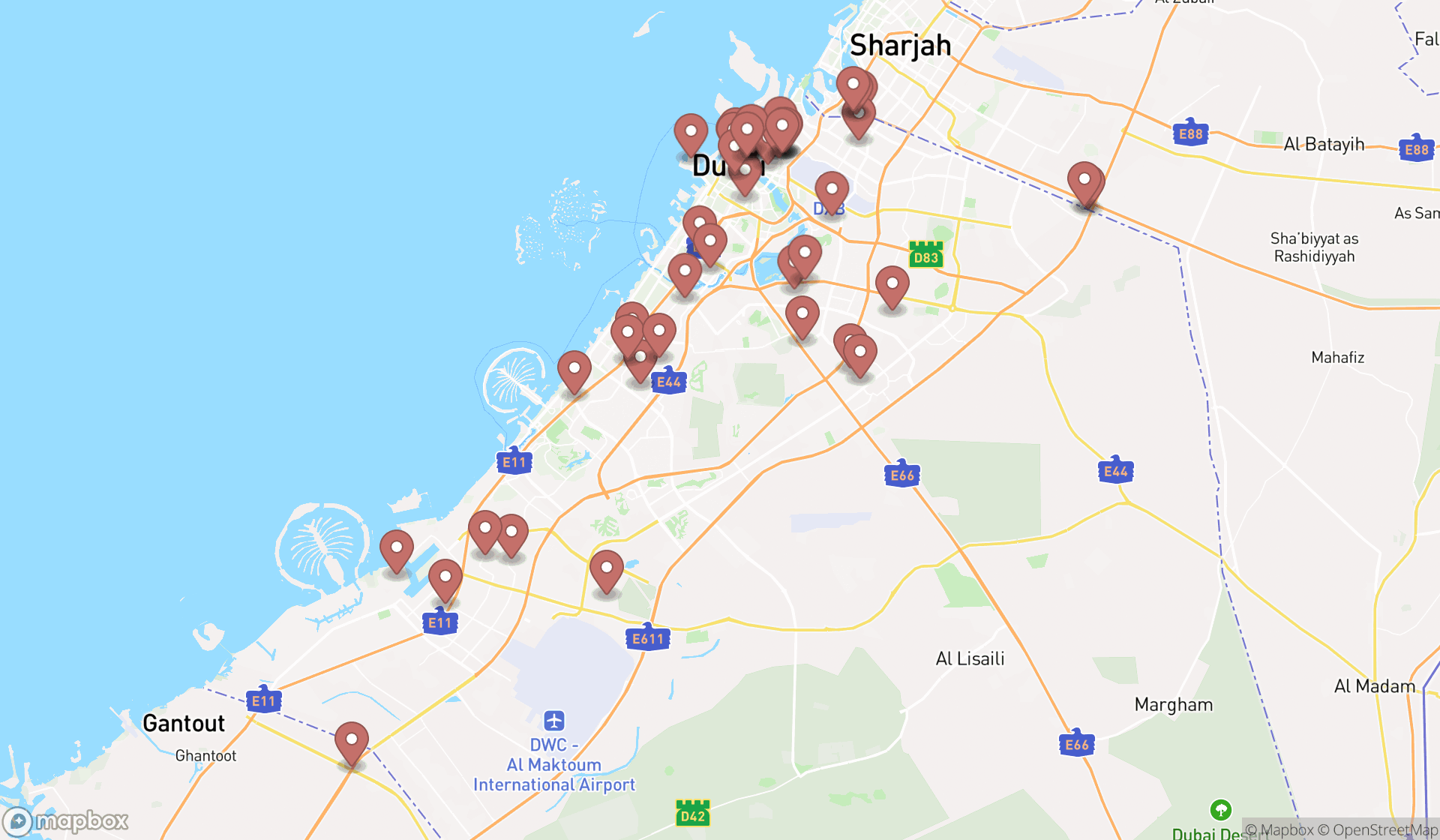 Map showing the search results in Dubai