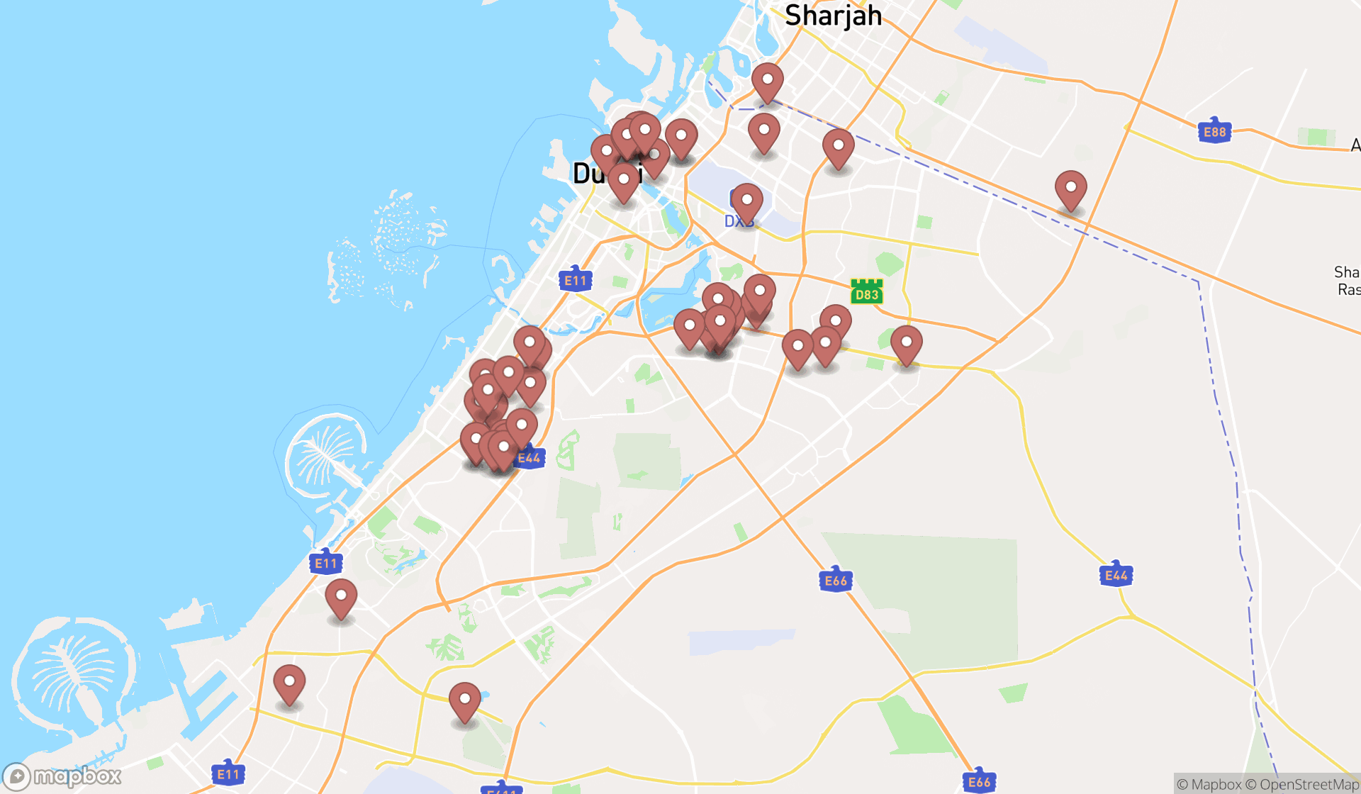 Map showing the search results in Dubai