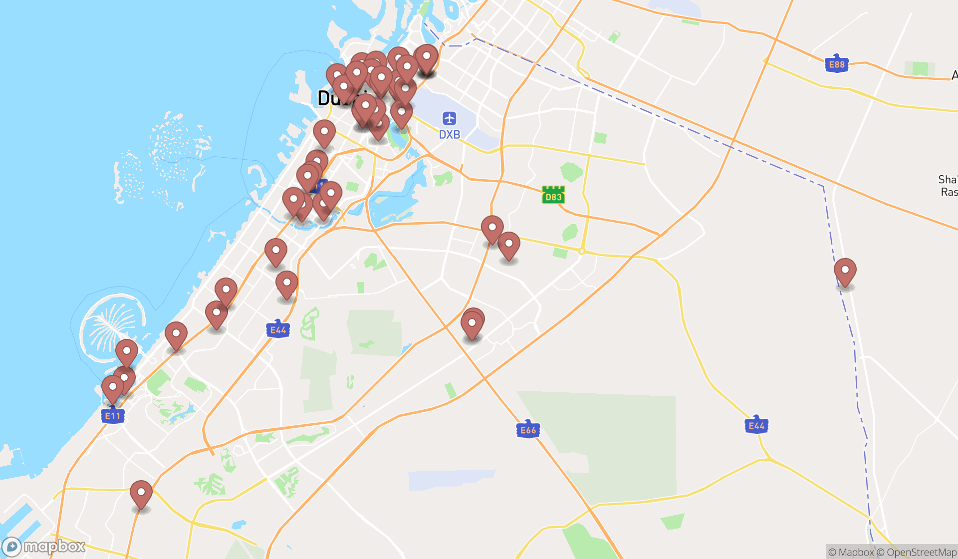Map showing the search results in Dubai