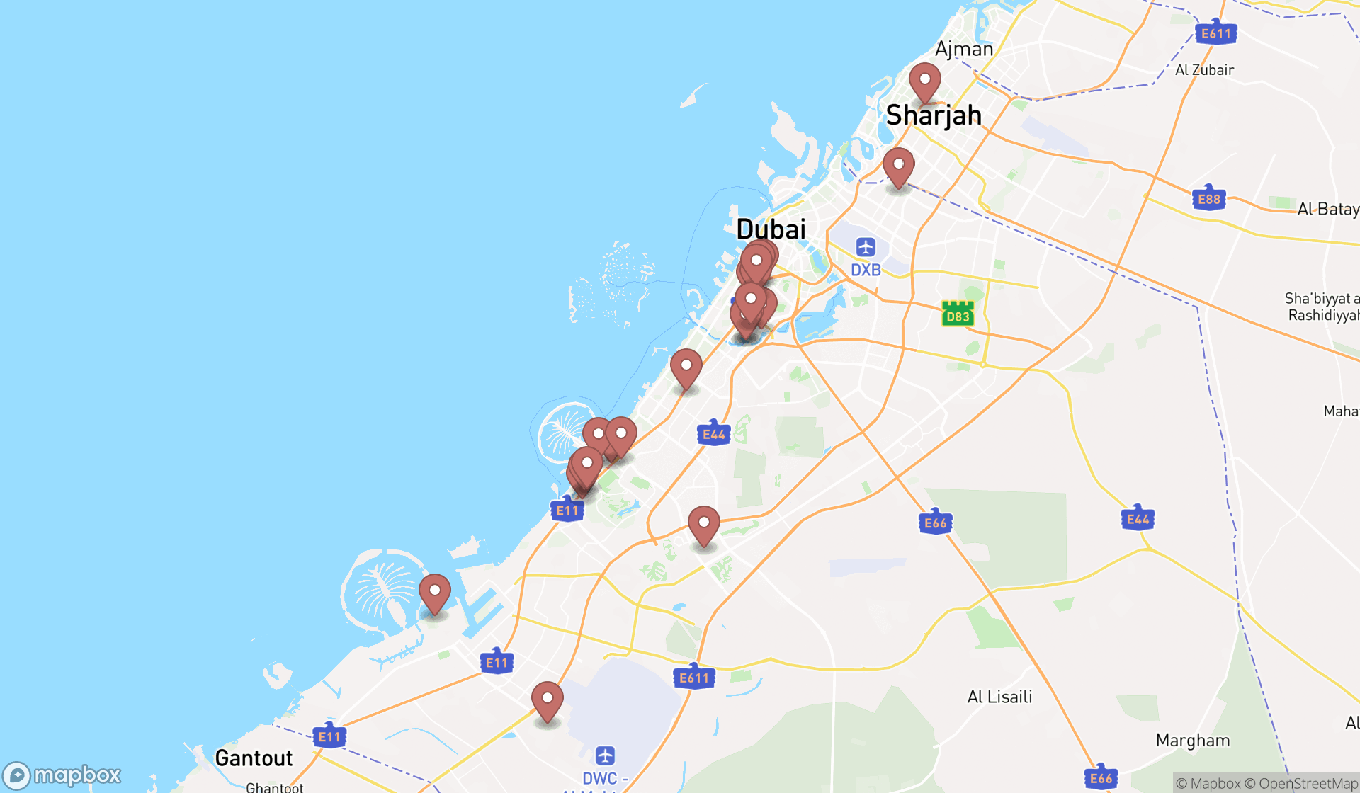 Map showing the search results in Dubai