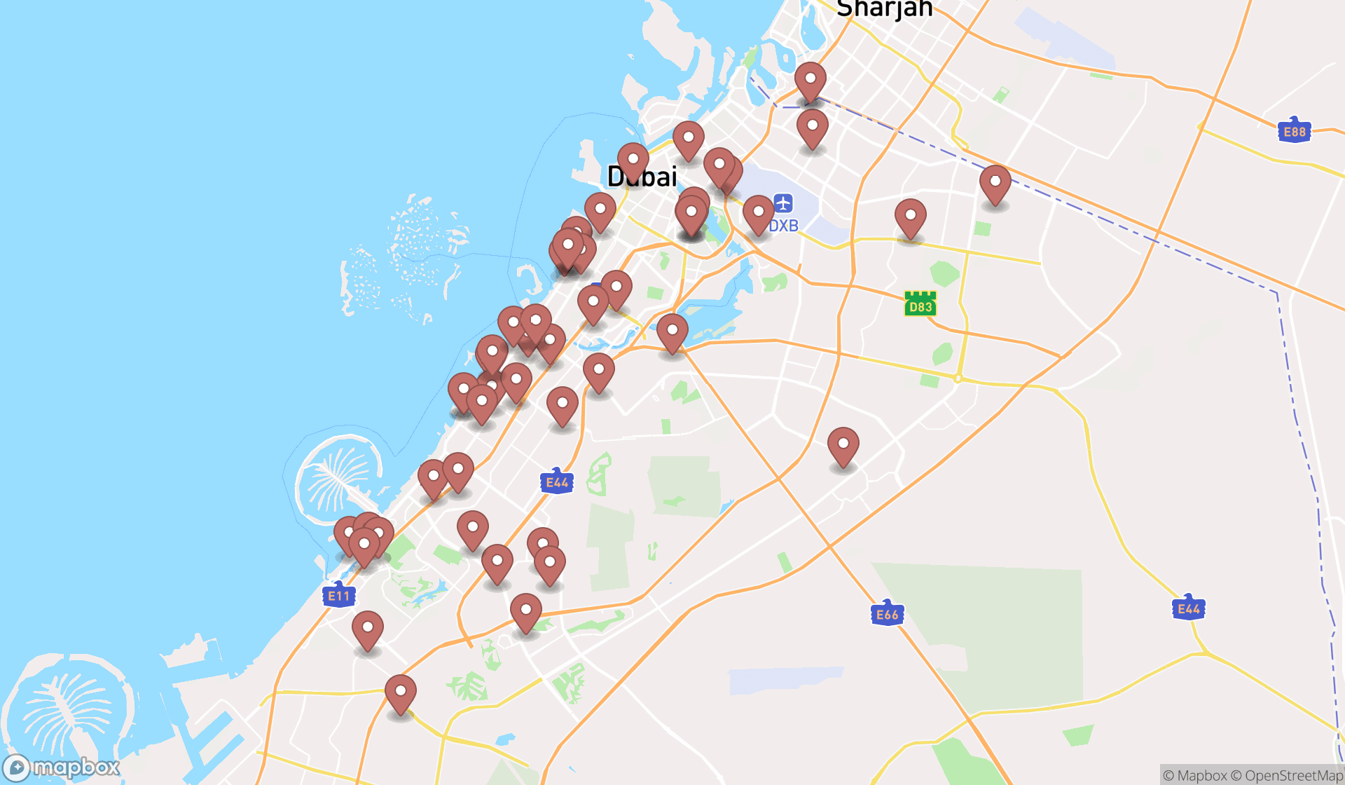 Map showing the search results in Dubai