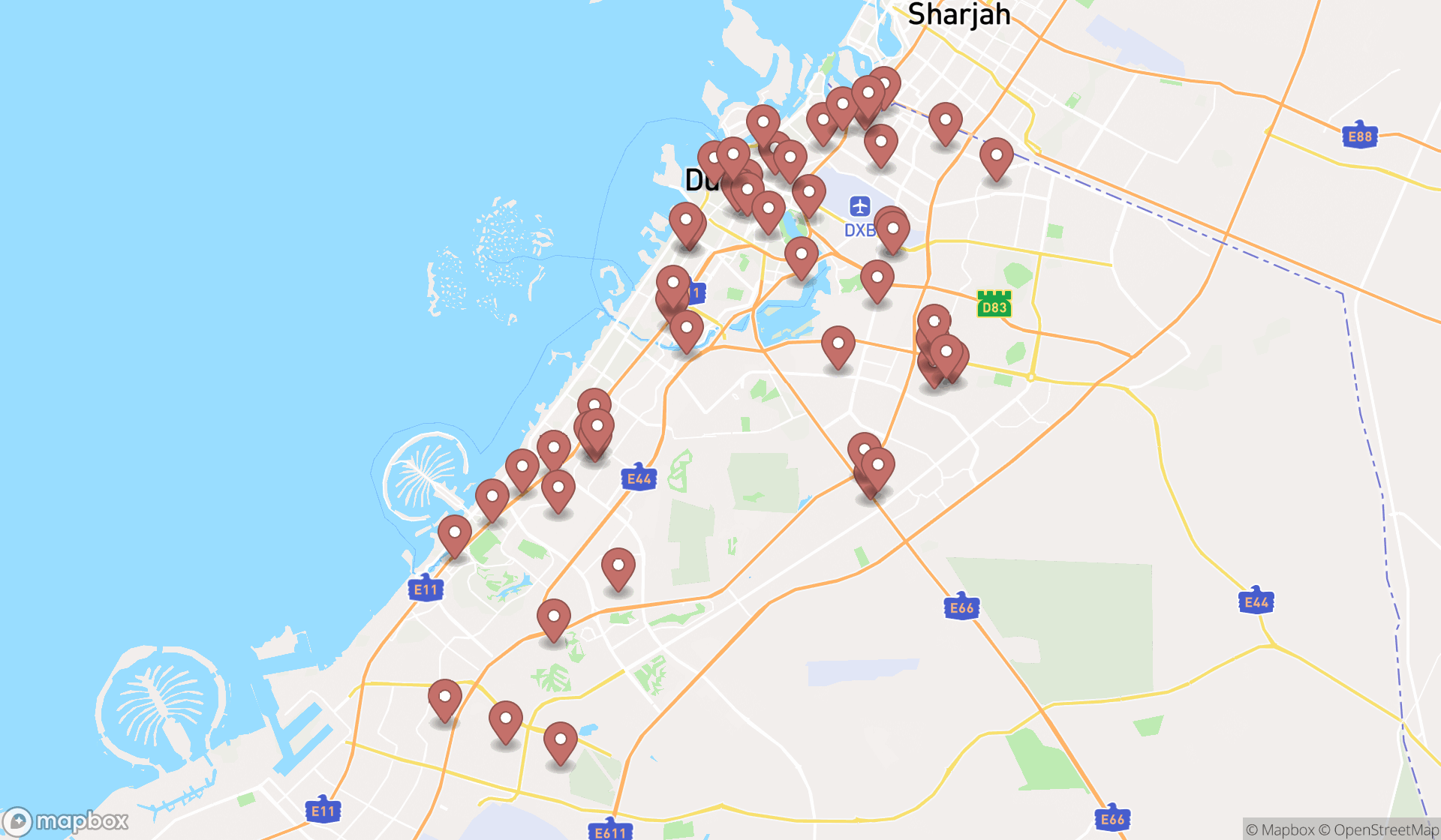 Map showing the search results in Dubai