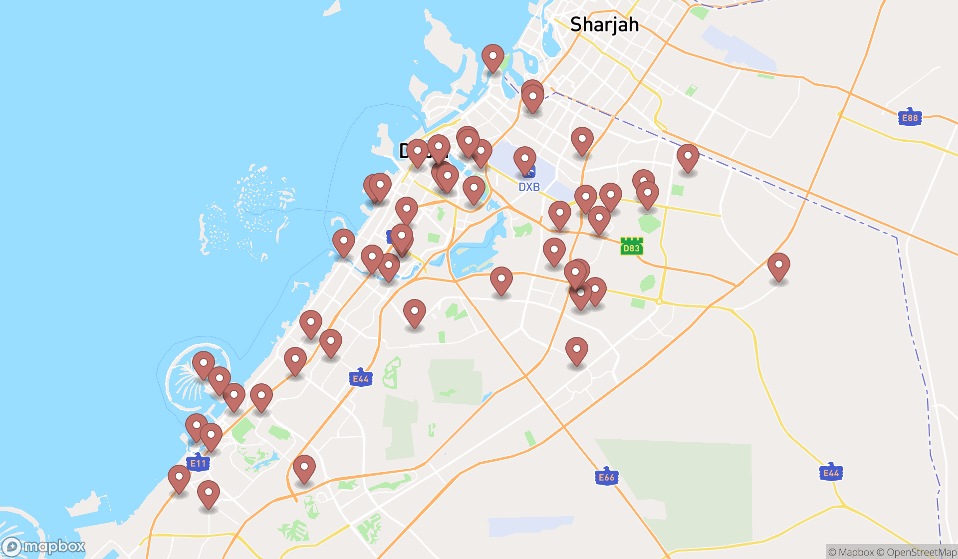 Map showing the search results in Dubai