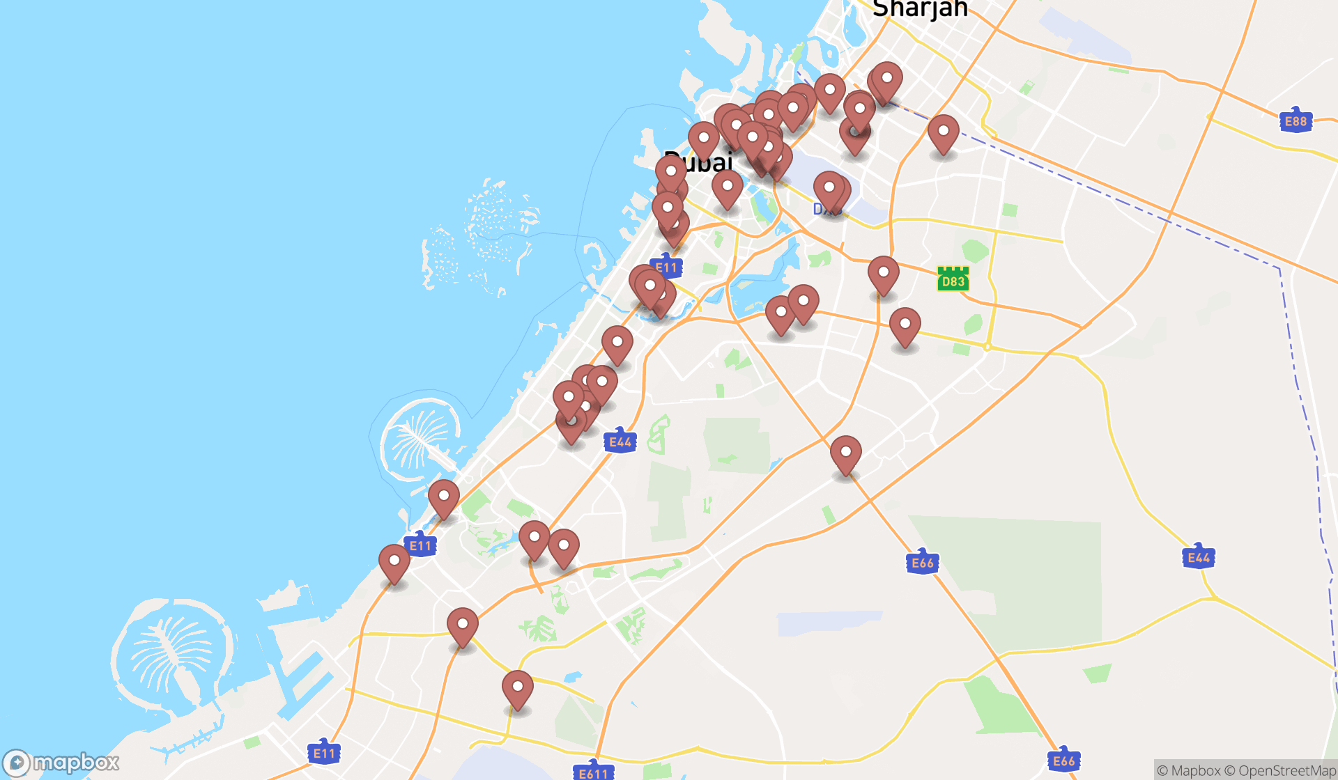 Map showing the search results in Dubai