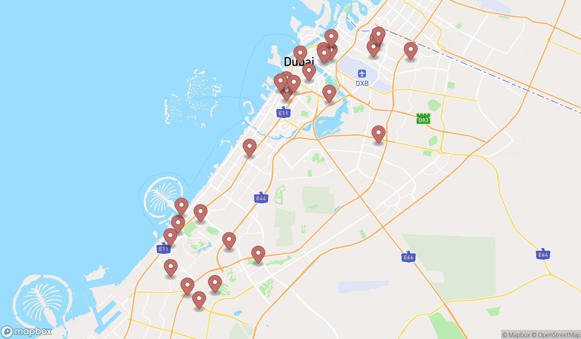 Map showing the search results in Dubai