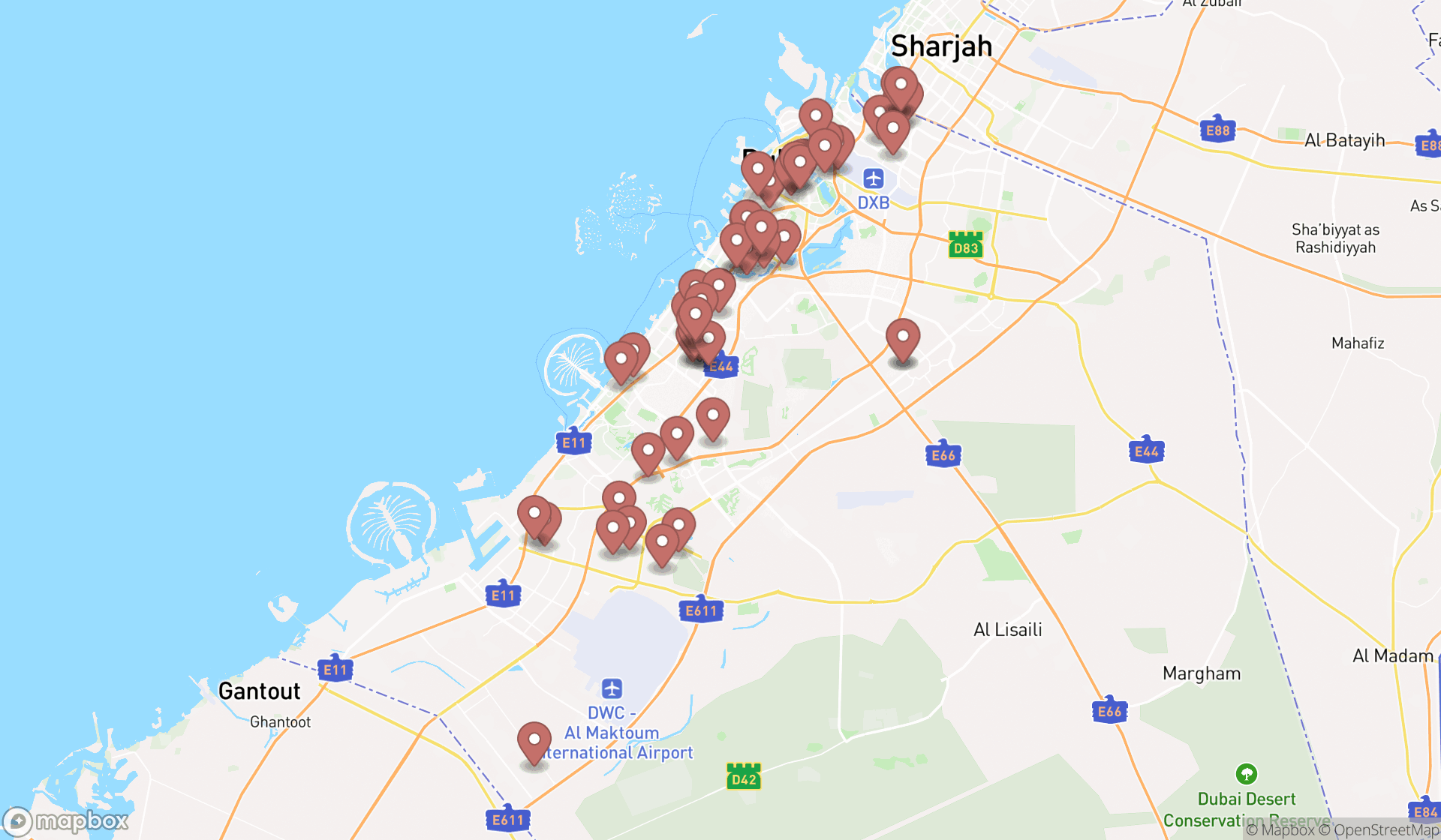 Map showing the search results in Dubai