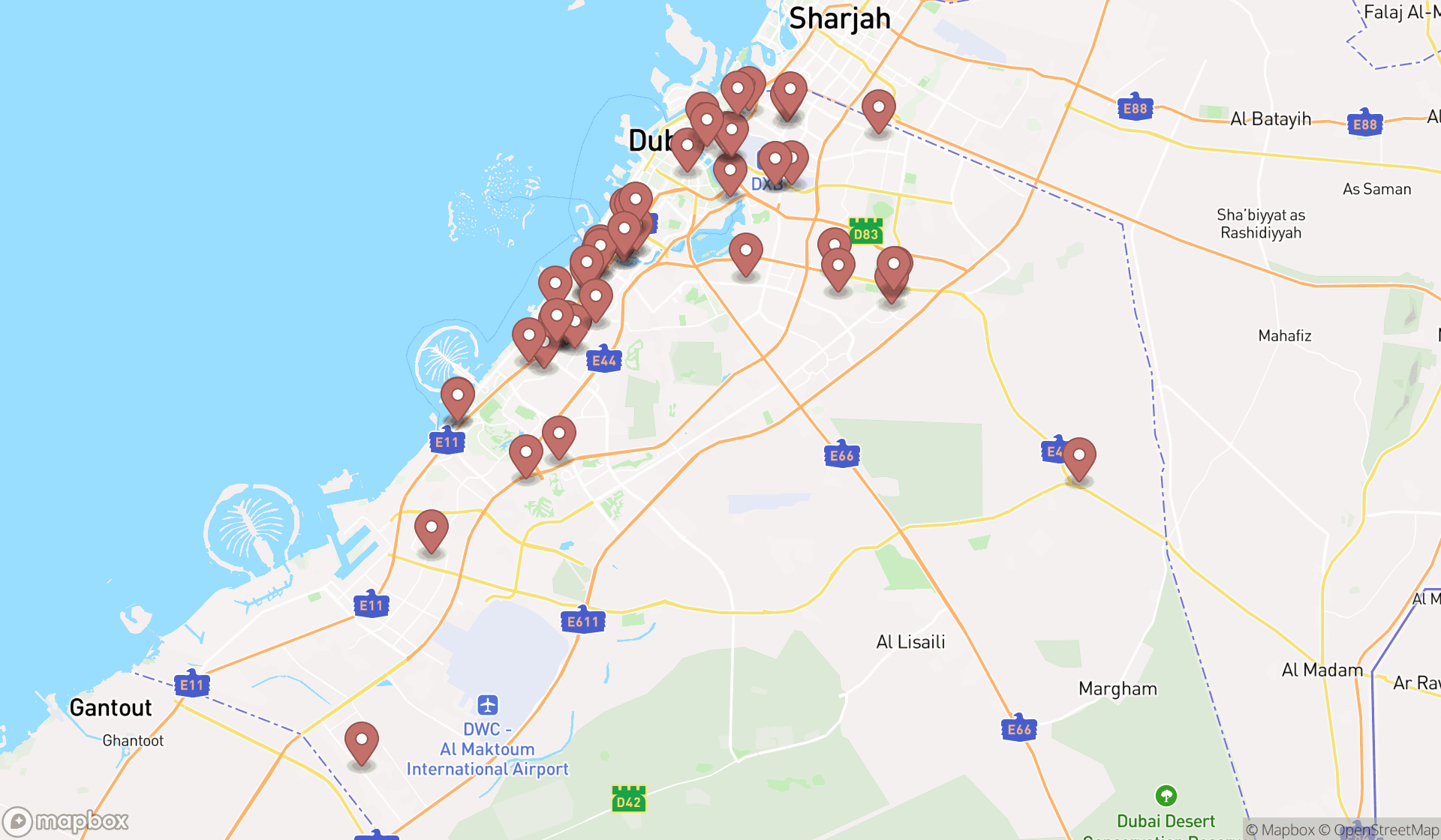 Map showing the search results in Dubai