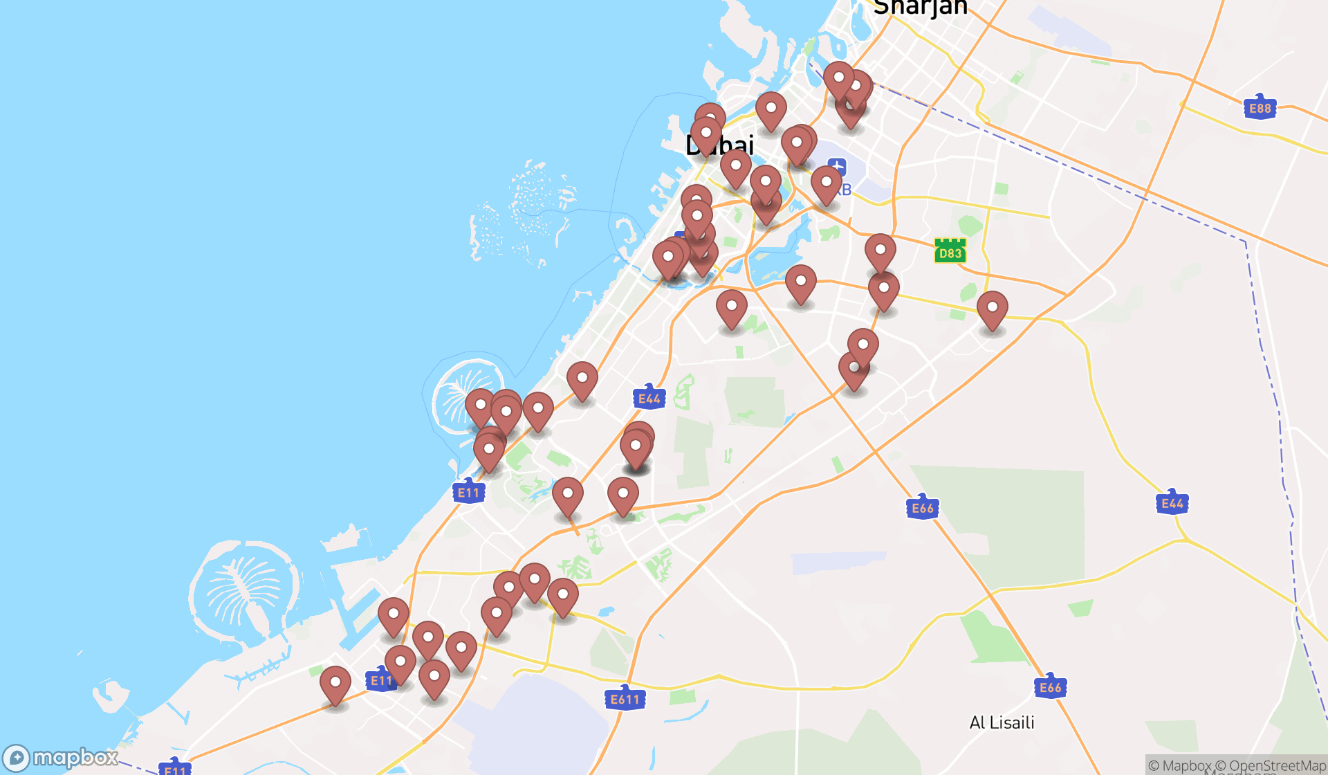 Map showing the search results in Dubai