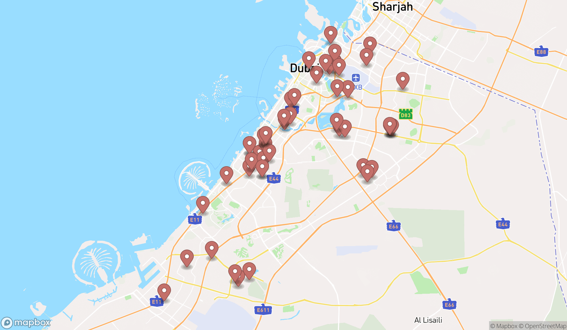Map showing the search results in Dubai