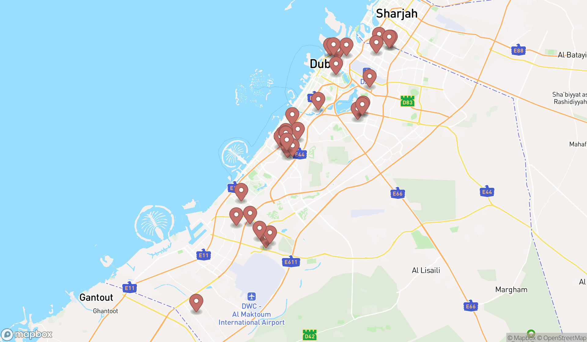 Map showing the search results in Dubai