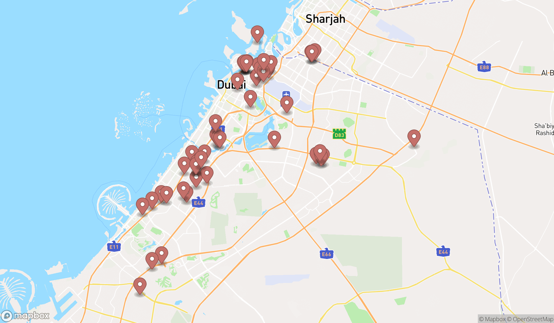 Map showing the search results in Dubai