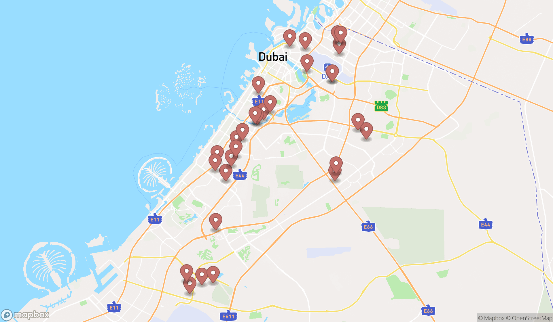 Map showing the search results in Dubai