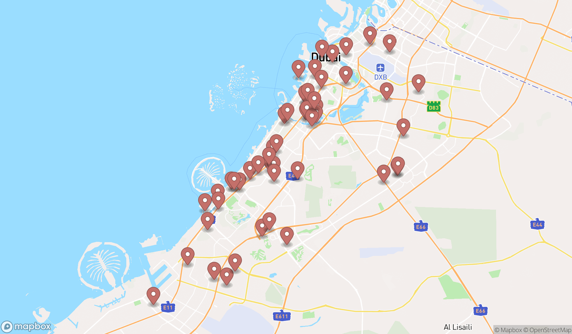 Map showing the search results in Dubai