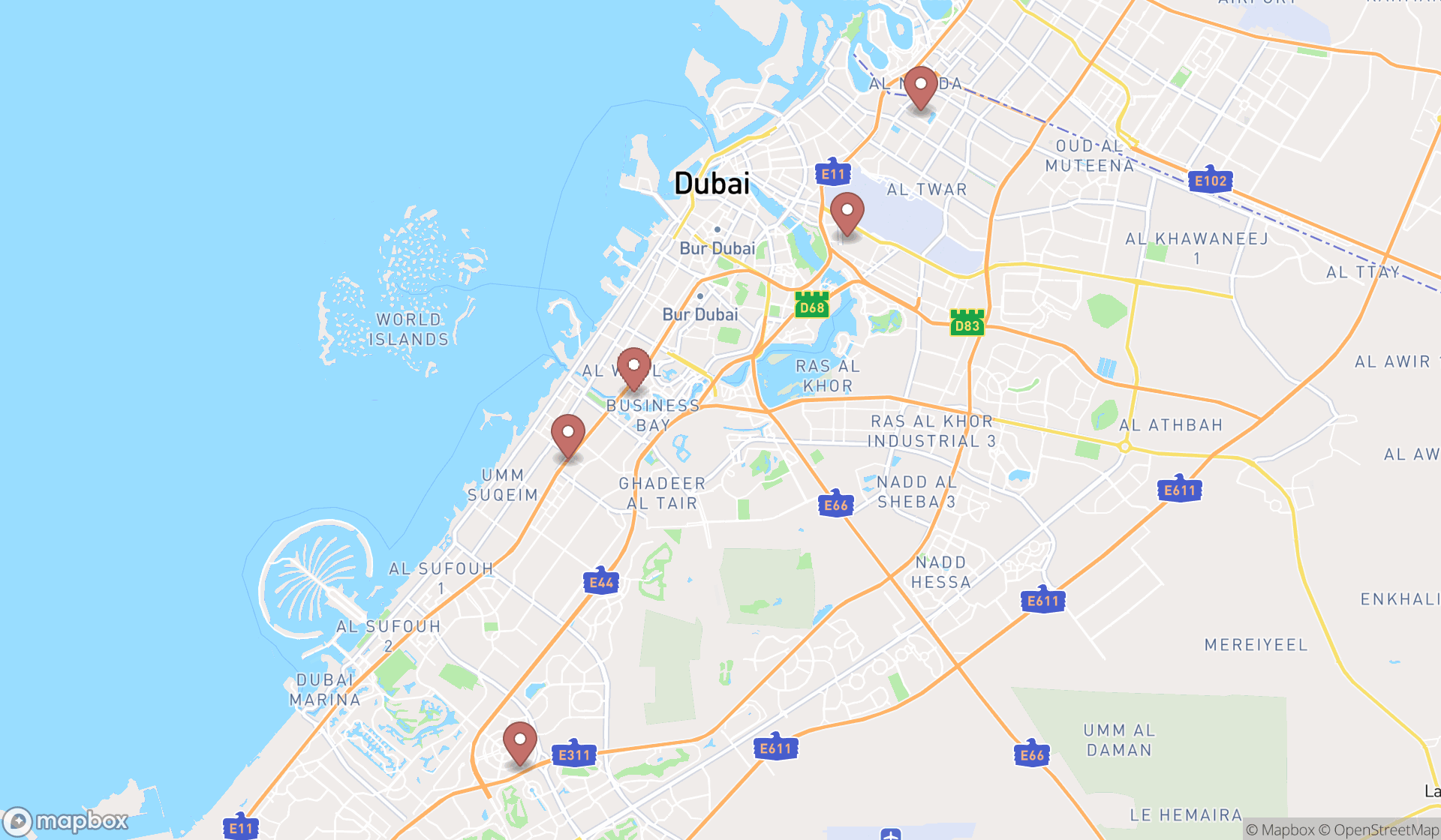 Map showing the search results in Dubai