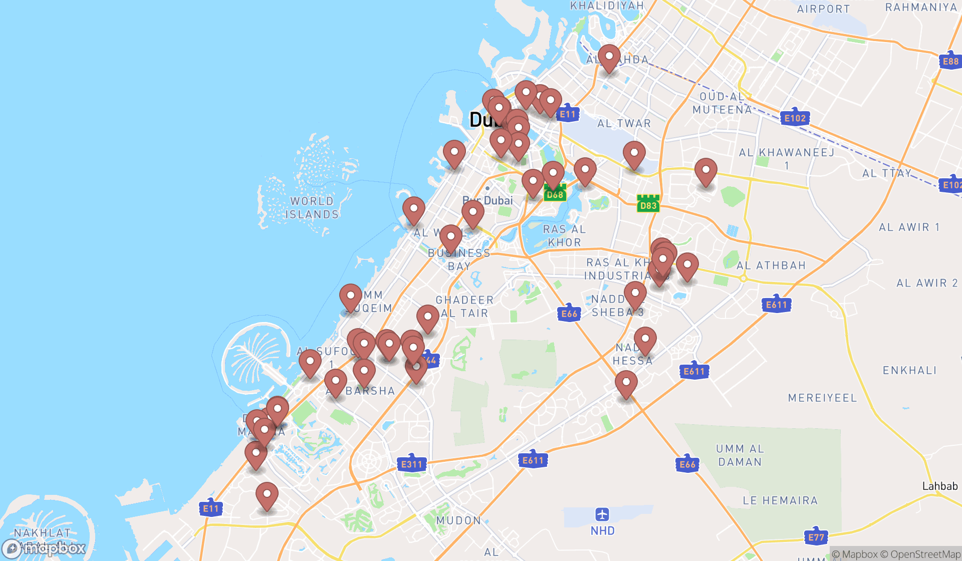 Map showing the search results in Dubai