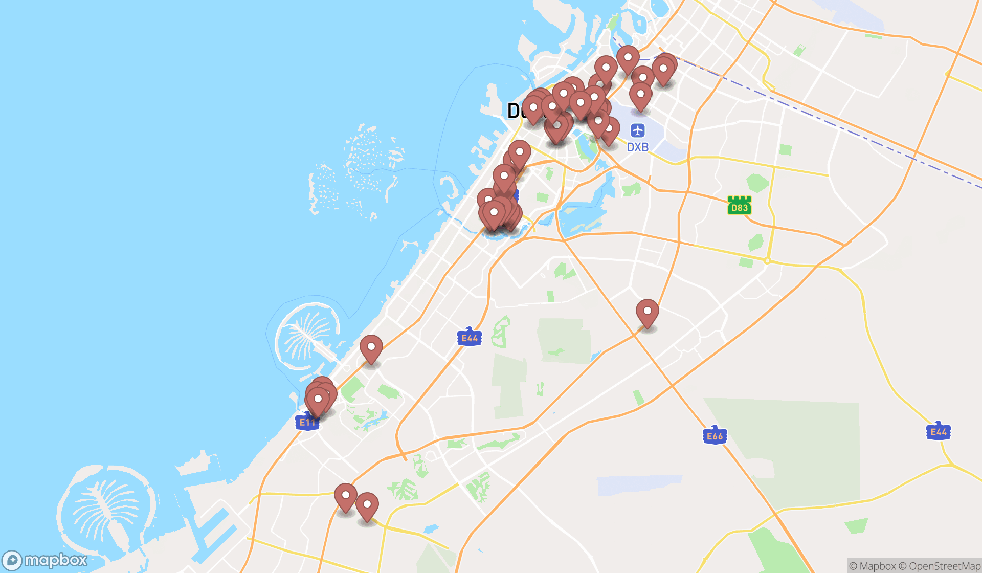 Map showing the search results in Dubai