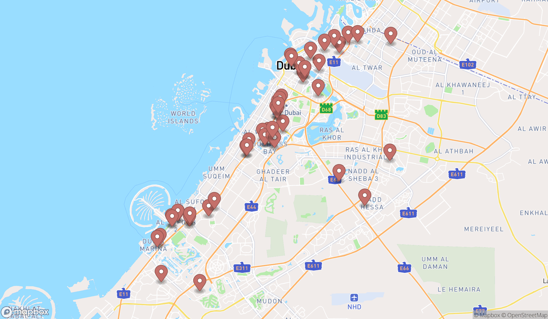 Map showing the search results in Dubai