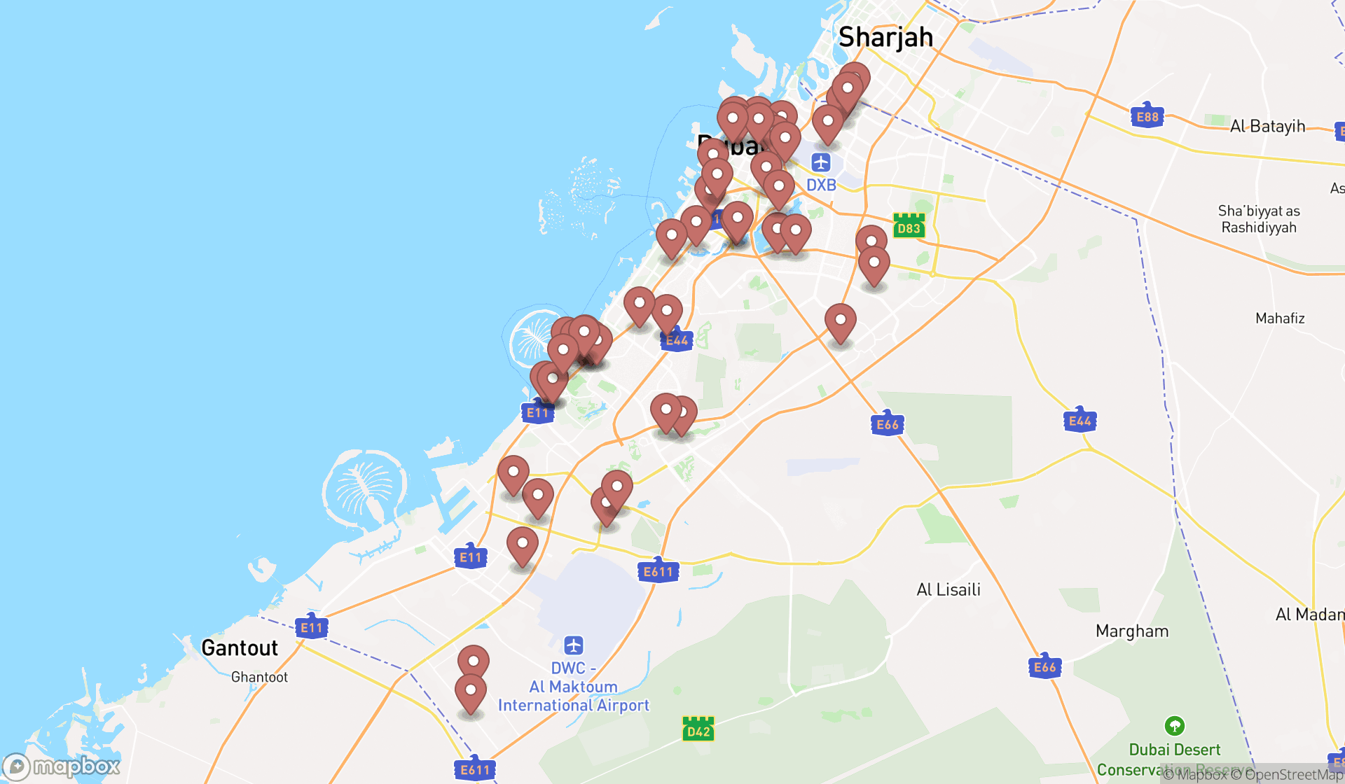 Map showing the search results in Dubai